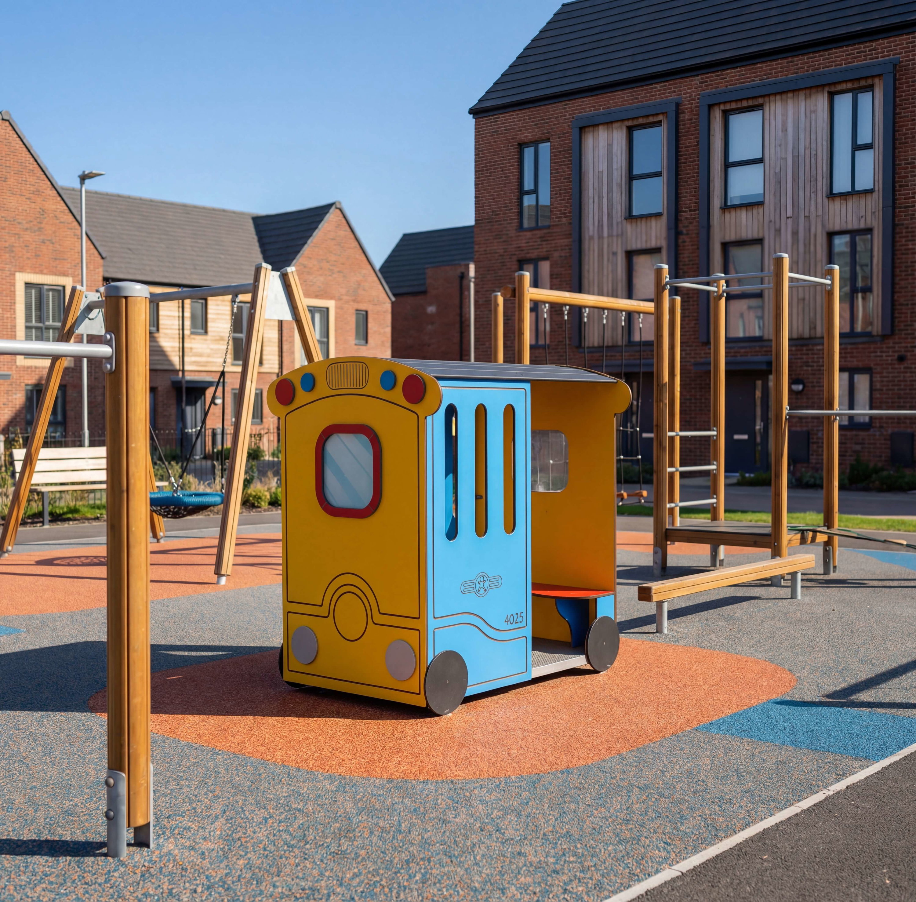 Bunte Spielzeug-Eisenbahn im modernen Kinderspielplatz vor Wohnhäusern unter blauem Himmel.