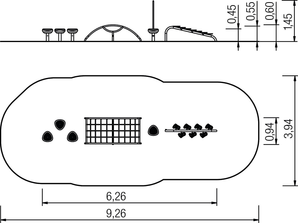 Technisches Zeichnung eines ovalen Plans mit Maßen und Symbolen für Gartenmöbel und Pflanzen.