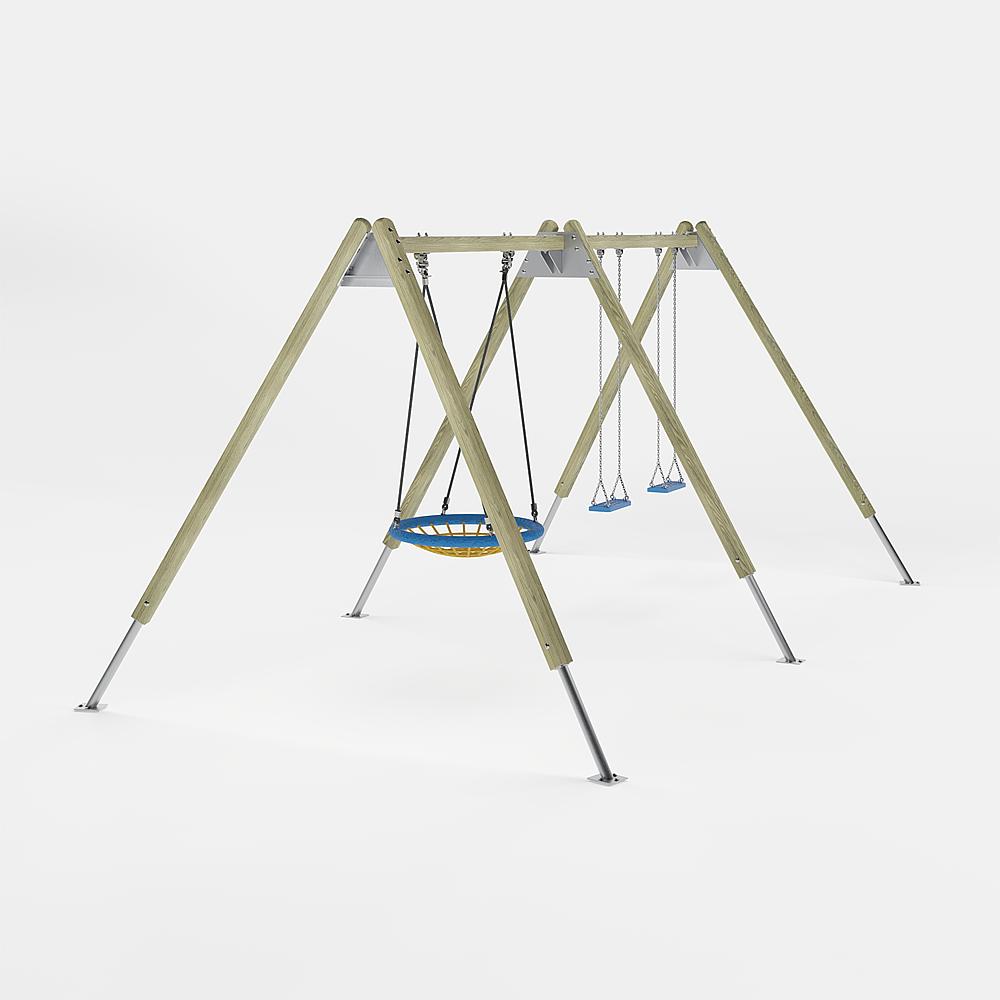 Bunte Kinderspielburg mit Dach und Rutsche auf weißem Hintergrund.
