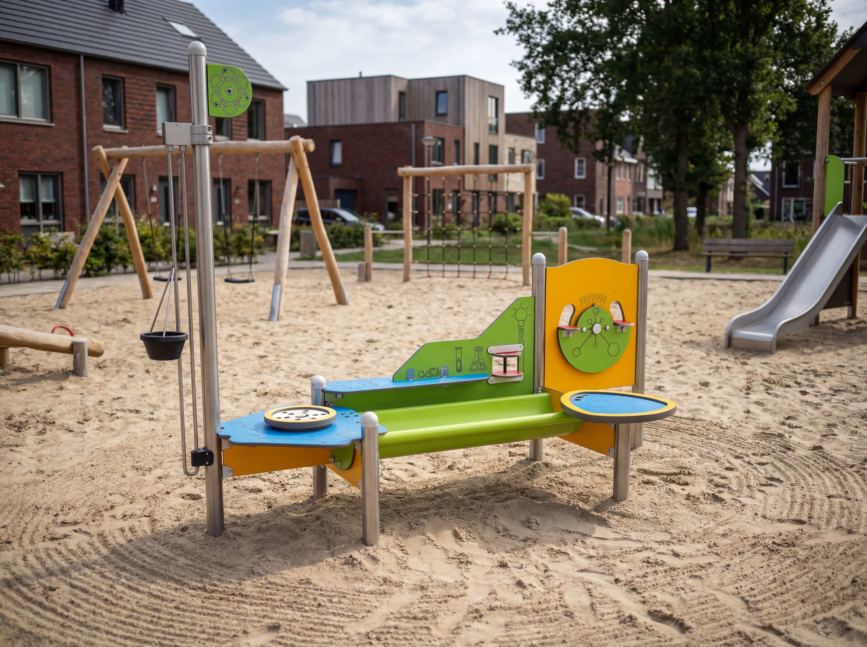 Farbechter Spielplatz mit Wissenschaftsstation im Sand auf dem Hof einer Wohnanlage.