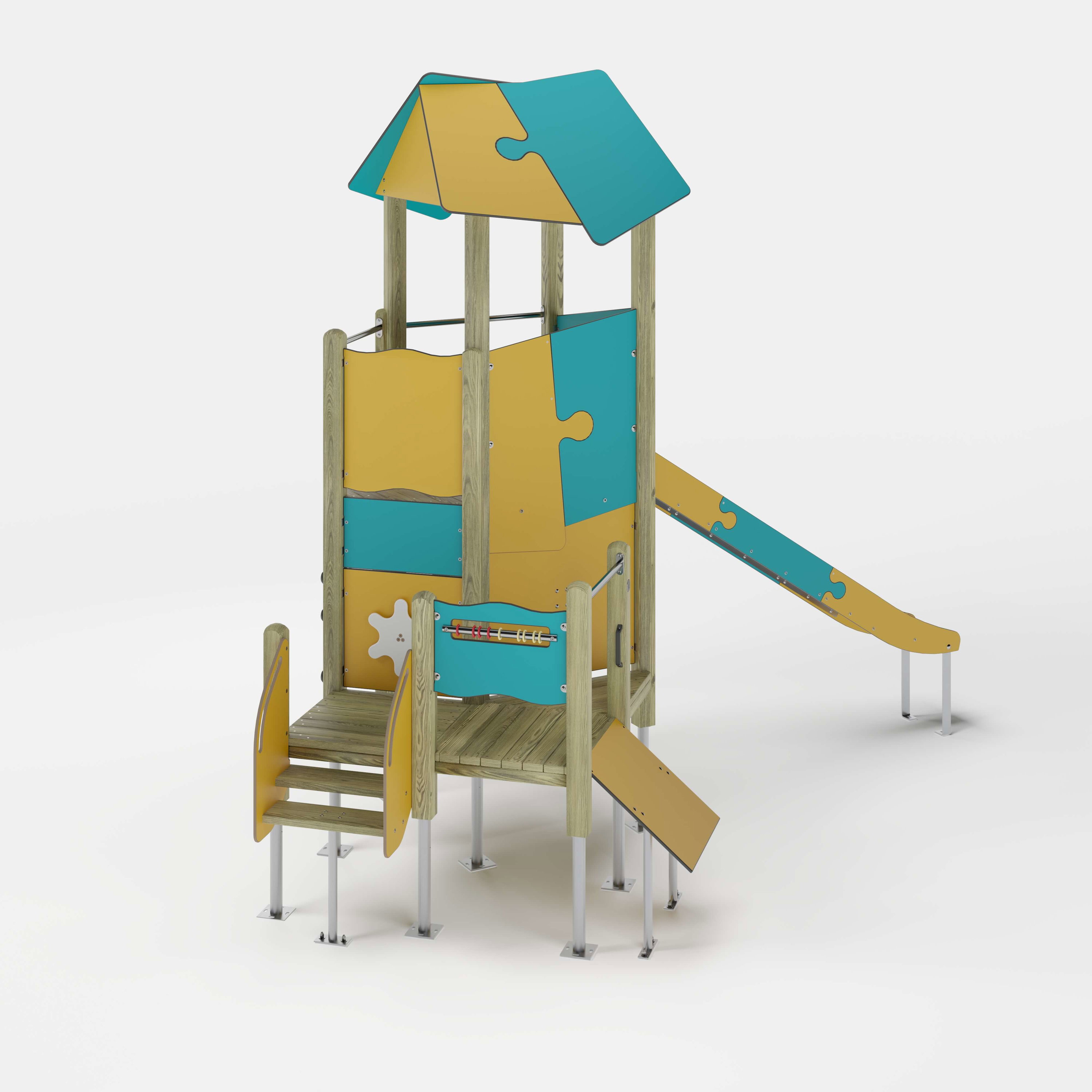 Bunte Kinderspielburg mit Dach und Rutsche auf weißem Hintergrund.