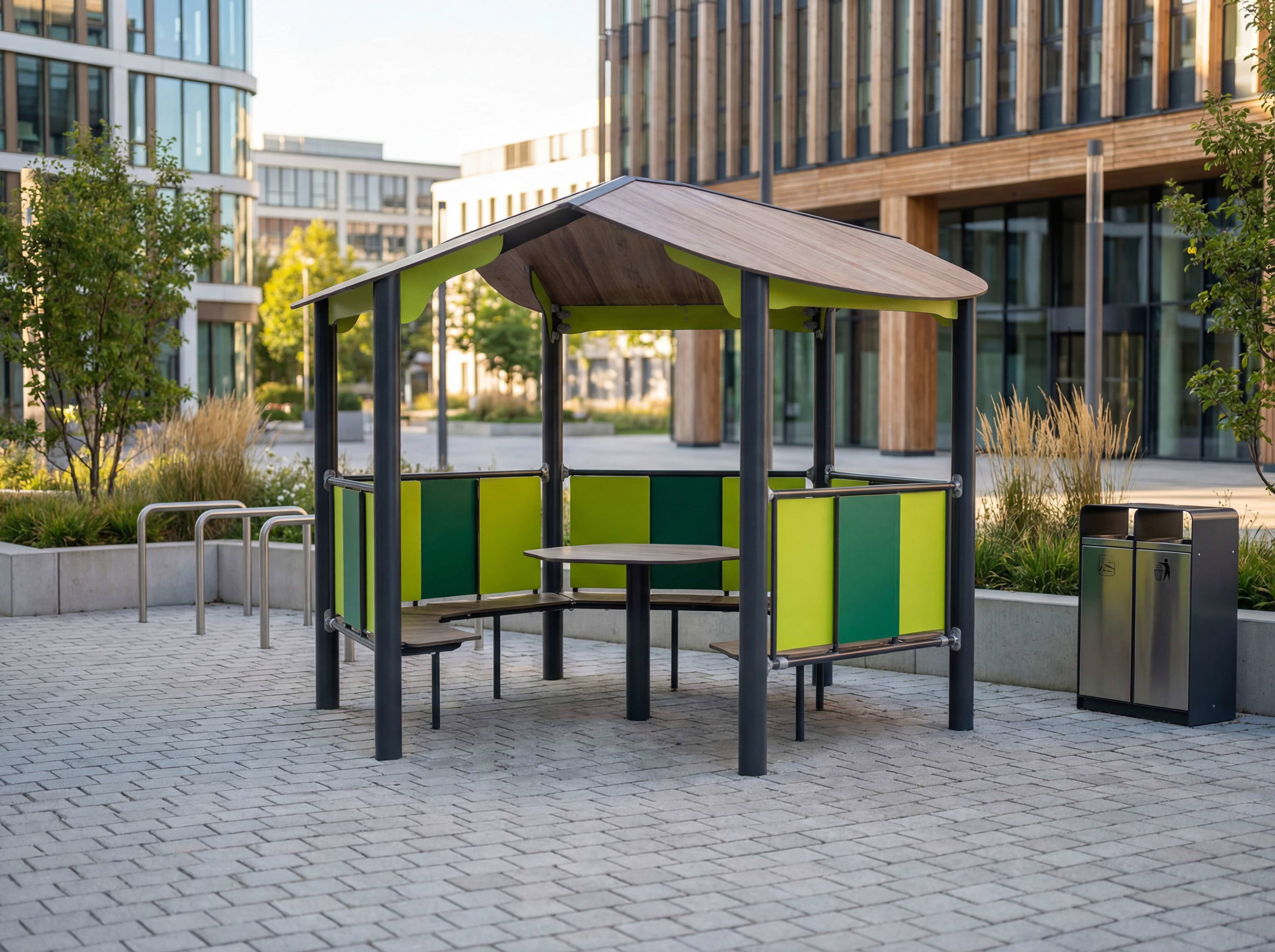Modern outdoor seating area with green panels under wooden roof in urban plaza.