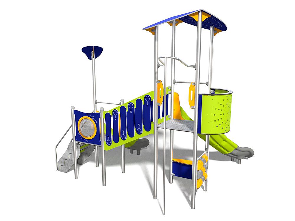 Schwinger für Kleinkinder mit Metallgestell und grünen Verbindungen auf weißem Hintergrund.