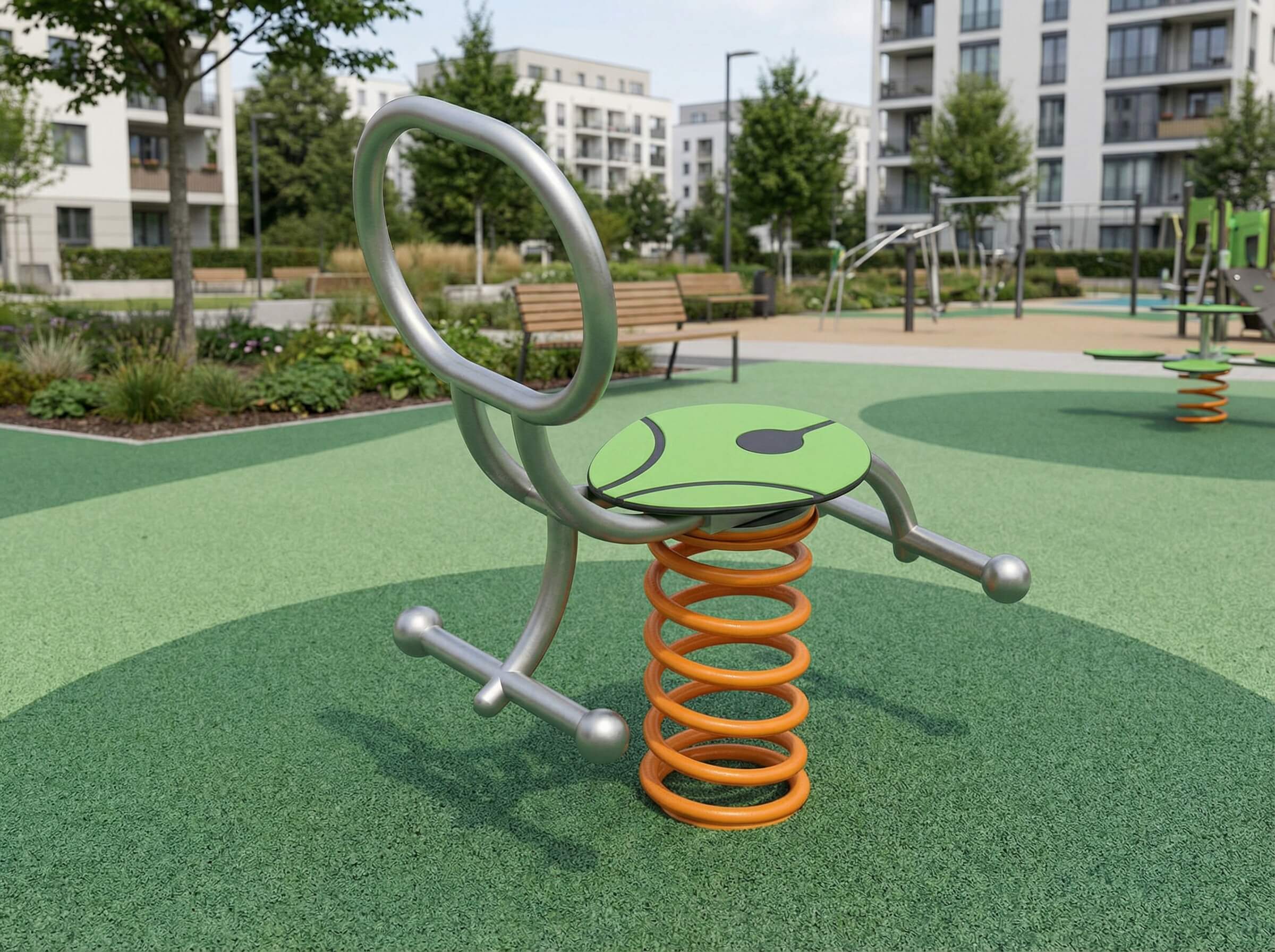 Spring-Sitzgerät im grünen Spielplatz vor Wohnhäusern – für Kinder zum Springen und Spielen.