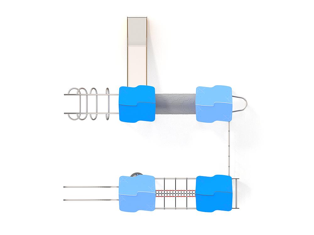 Schwinger für Kleinkinder mit Metallgestell und grünen Verbindungen auf weißem Hintergrund.