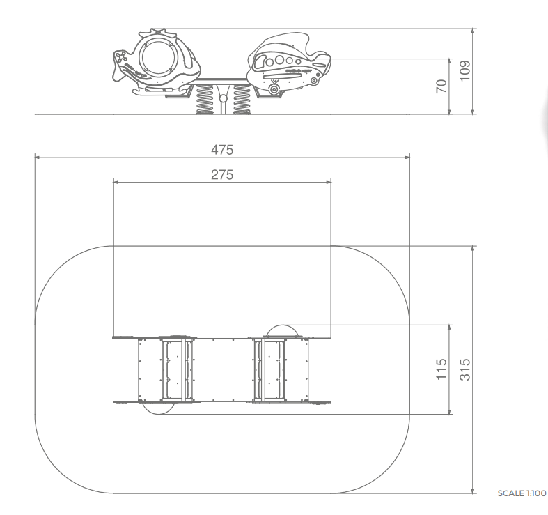 Sechs Roboter umgeben einen quadratischen Bereich innerhalb eines größeren Raumes.