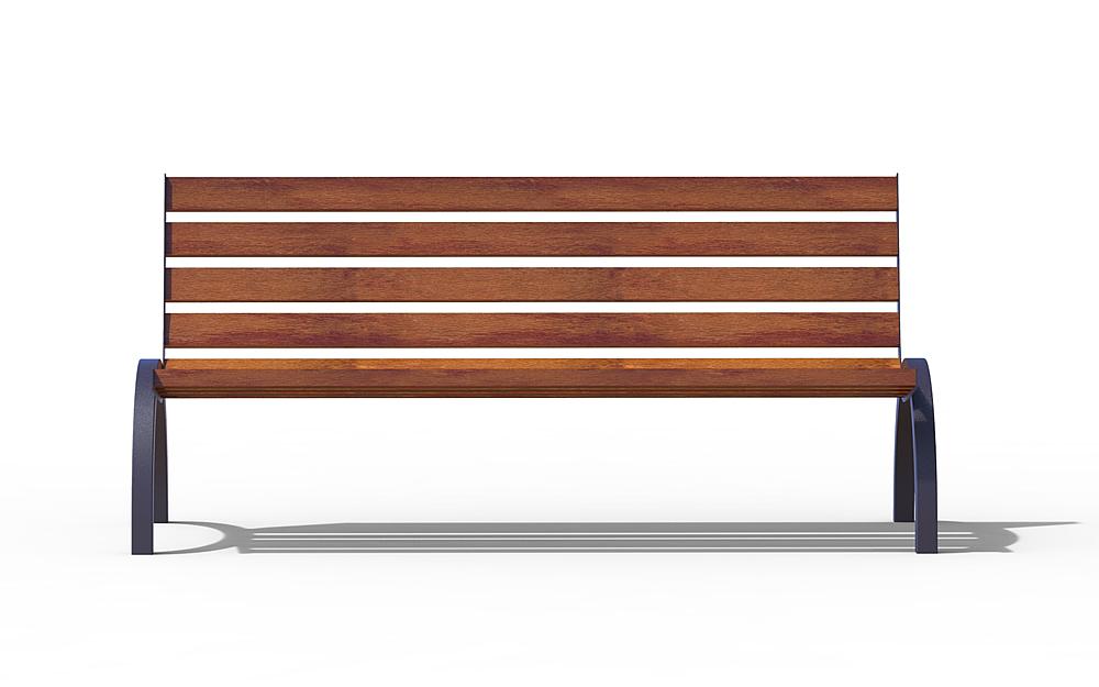 Moderne Sitzgelegenheit mit geschwungenem Gestell und dunkler Farbe auf weißem Hintergrund.