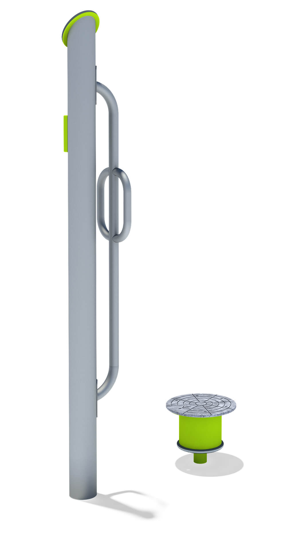 Graue Stange mit grünen Akzenten und integriertem Spulensystem für Kabel oder Seil – Outdoor-Installation.