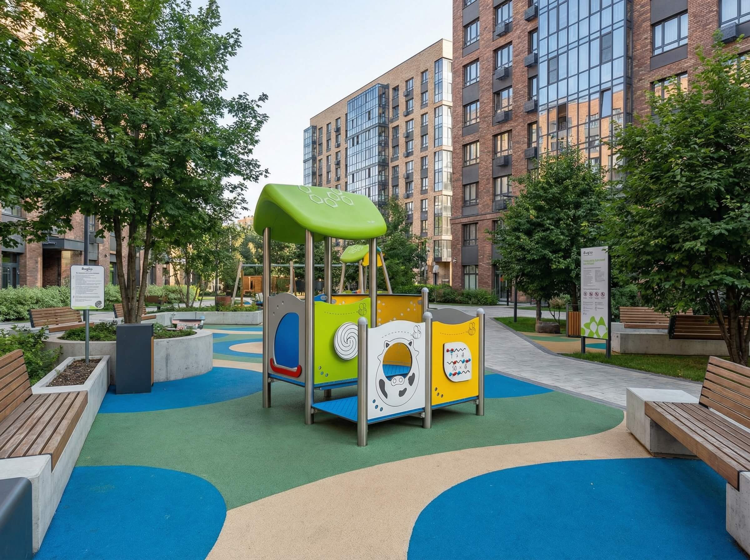 Bunte Spielanlage im Grünen vor modernen Wohnhäusern mit Bänken und Baumgruppen.