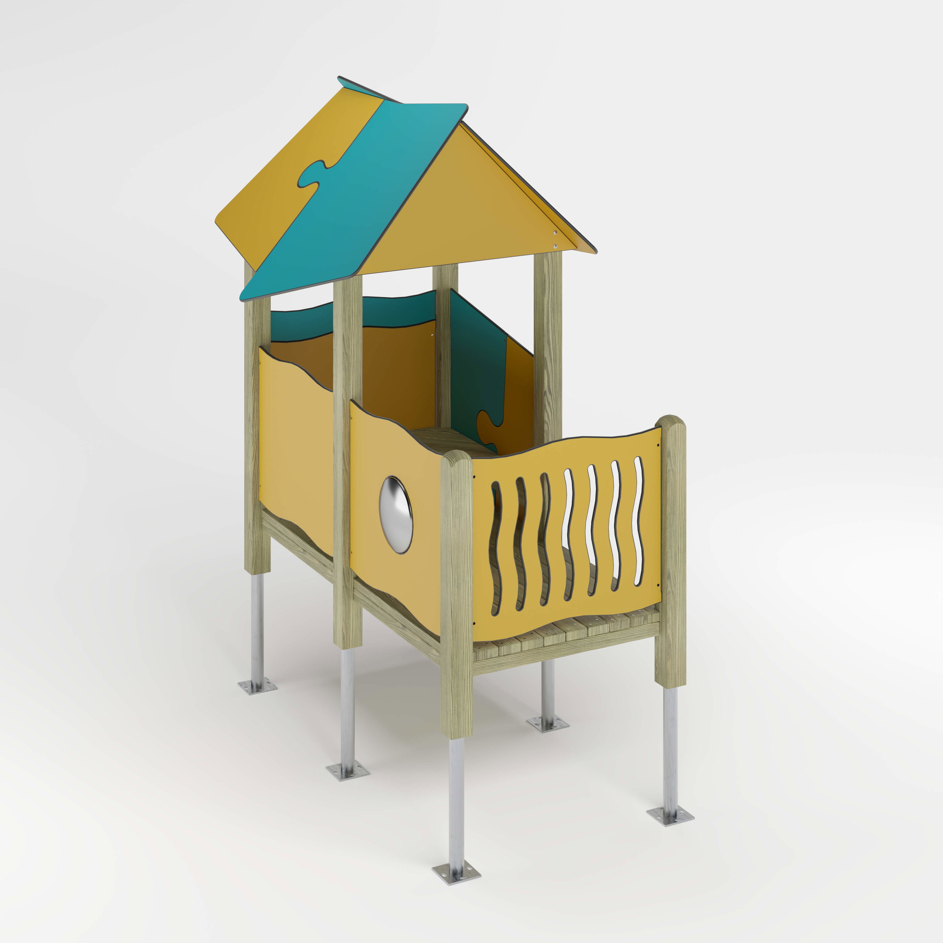 Bunte Kinderspielhütte mit Dach und Metallbeinen auf weißem Hintergrund.