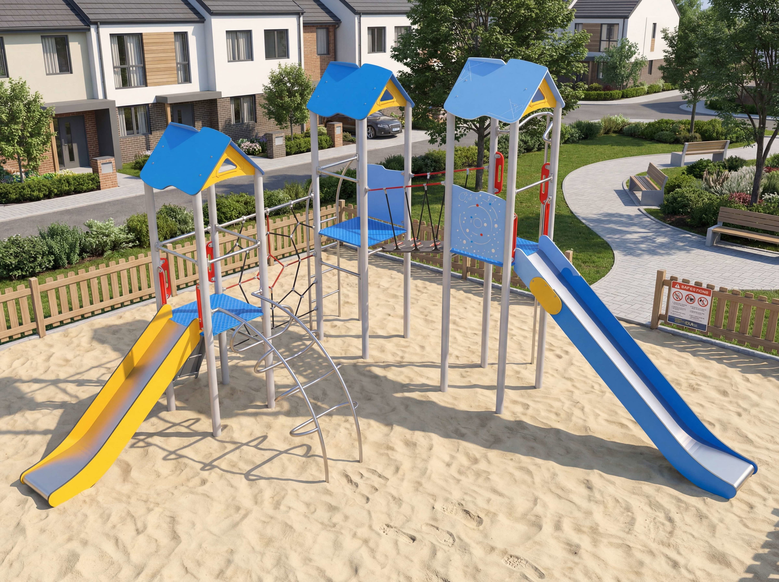 Bunte Spielplatzanlage mit Rutschen und Klettergerüst im Sand auf einem Wohngebiet.
