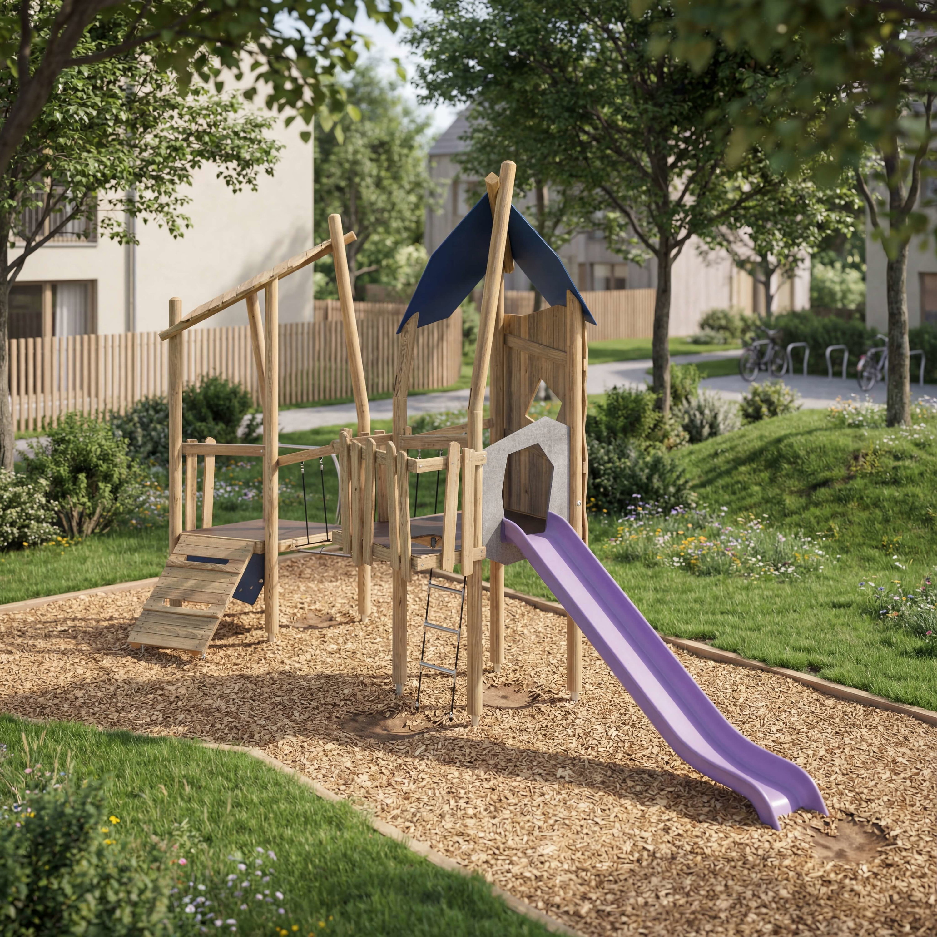 Holzspielplatz mit lila Rutsche im grünen Garten vor Wohnhäusern.