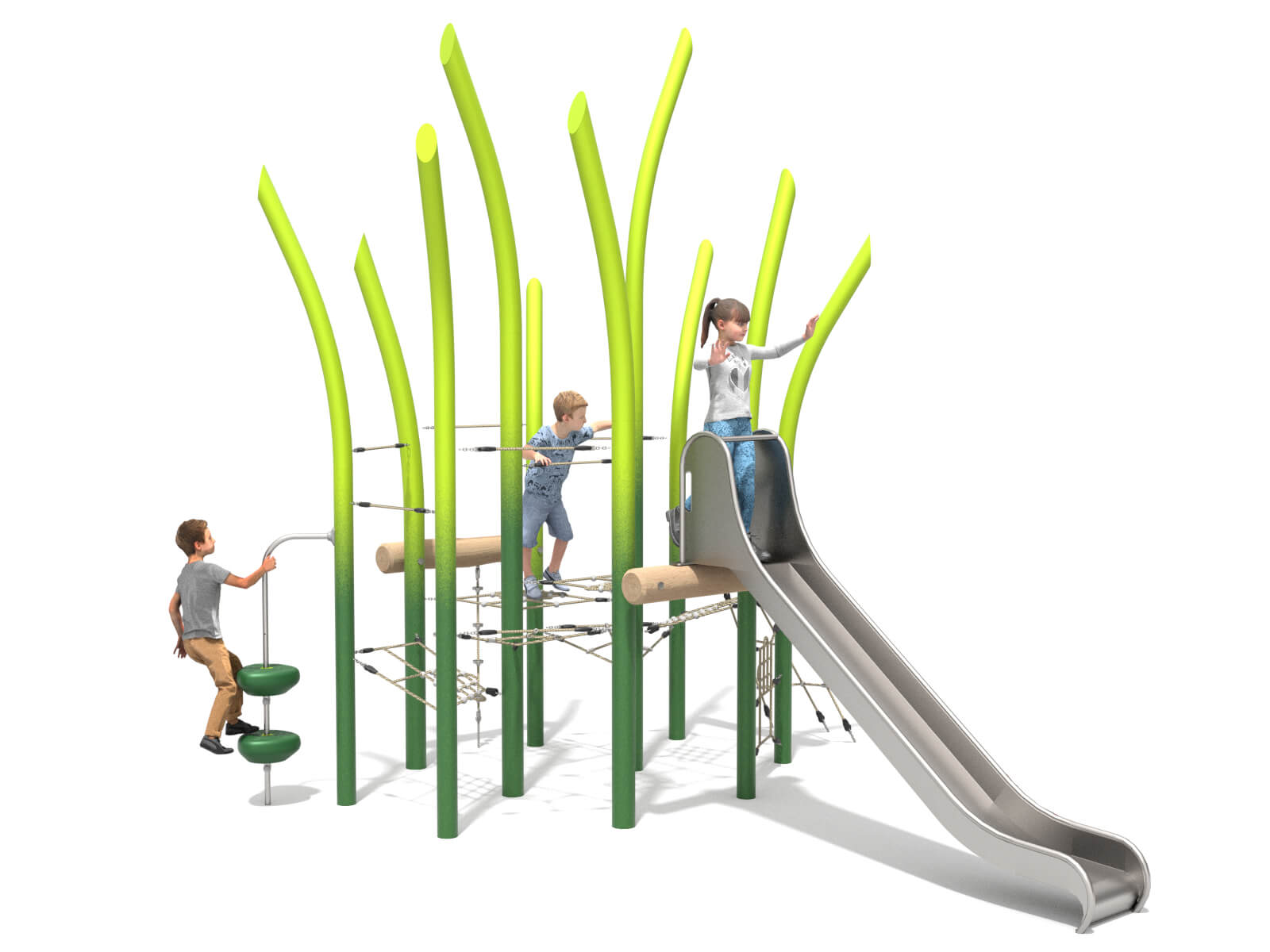 Schwinger für Kleinkinder mit Metallgestell und grünen Verbindungen auf weißem Hintergrund.