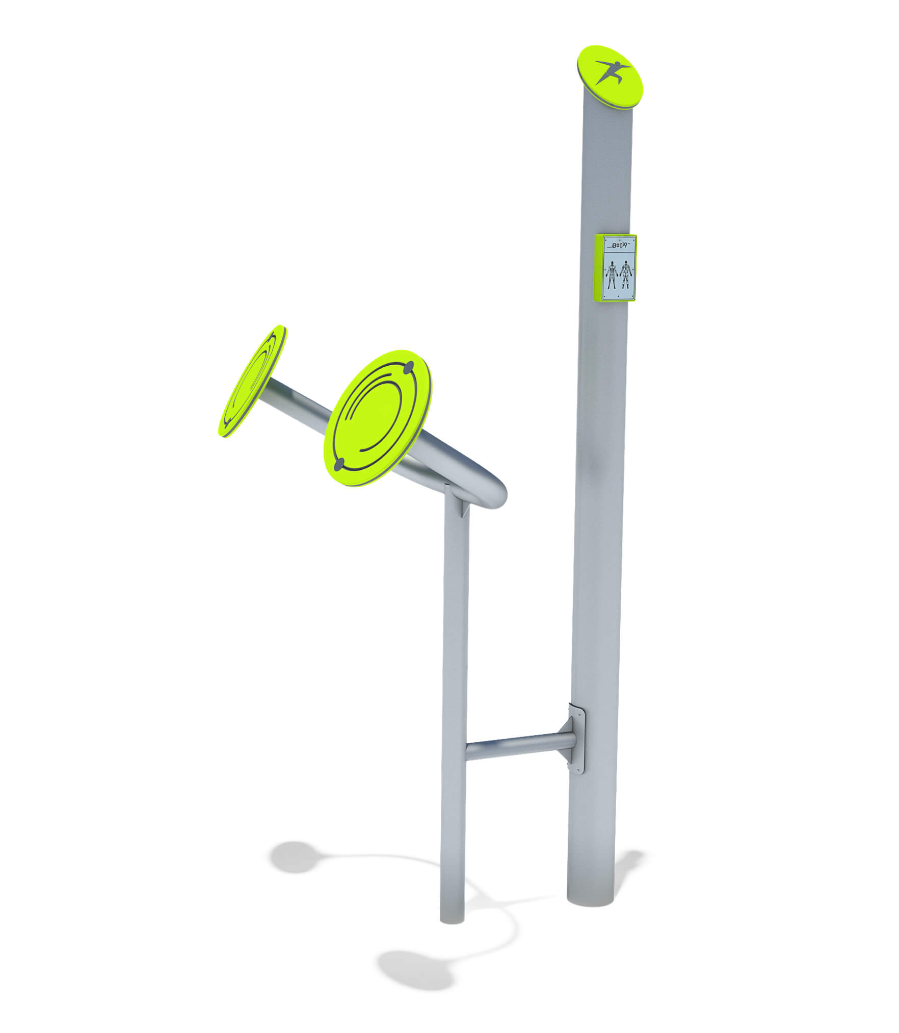 Outdoor fitness station with bright green discs for arm exercises – modern public workout equipment.