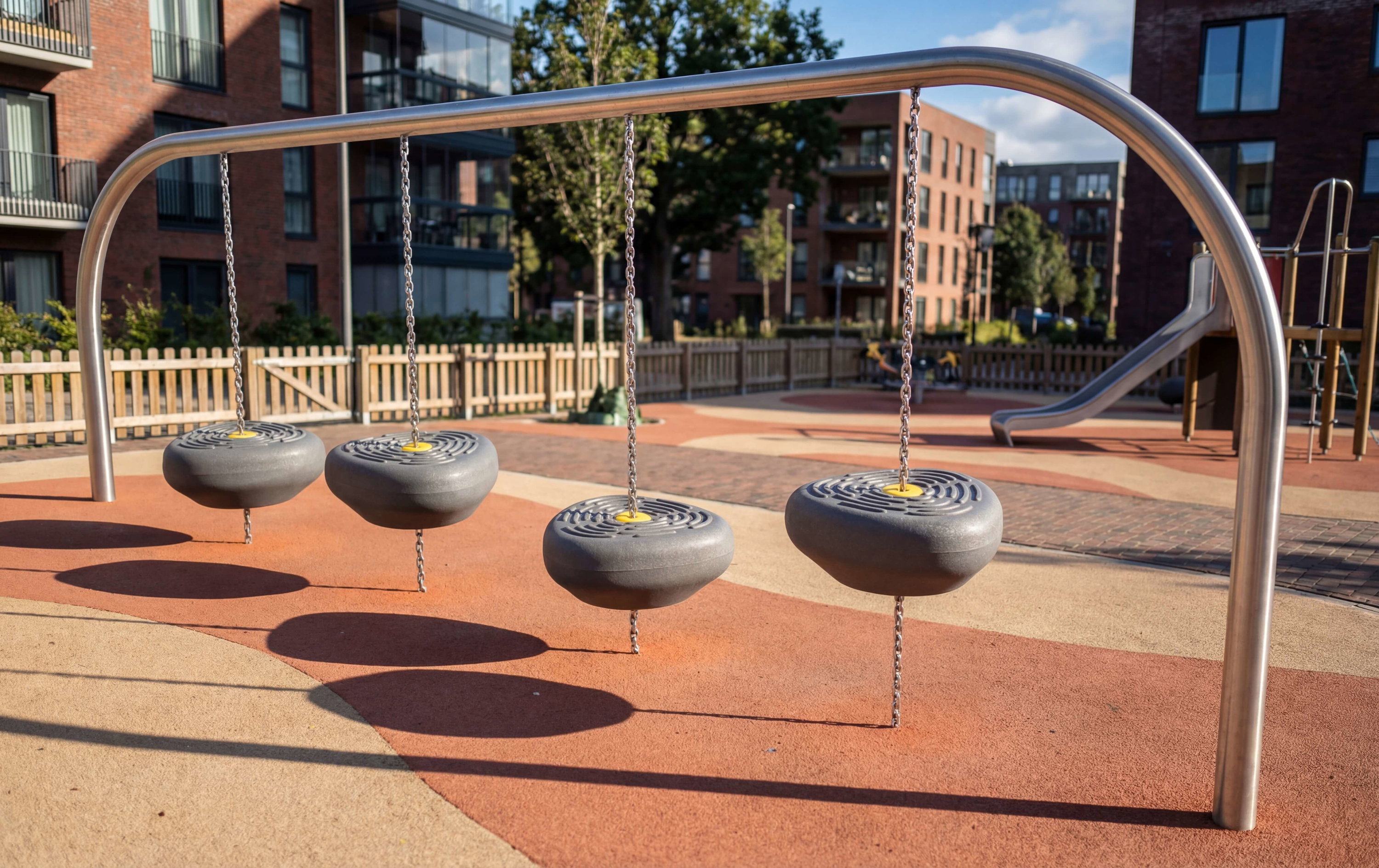 Vier moderne Schaukeln im Spielplatz vor Wohnhäusern bei Sonnenlicht.