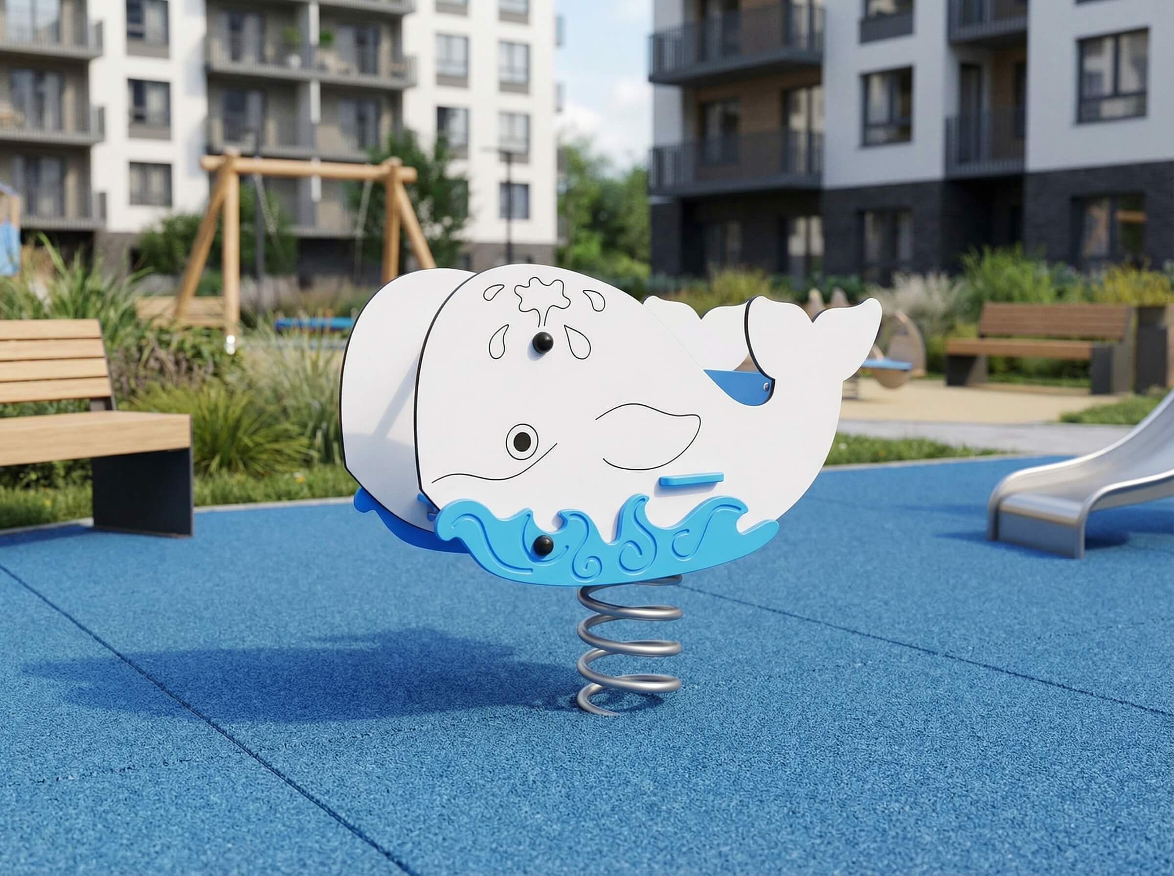 Ein Wal-Springgerät auf blauem Spielplatzbelag vor Wohnhäusern und Bänken.