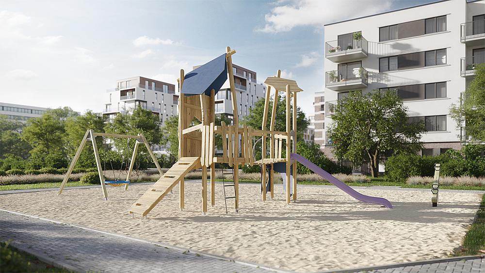 Holzspielplatz mit Rutsche und Schaukel vor modernen Wohnhäusern im Sonnenlicht.