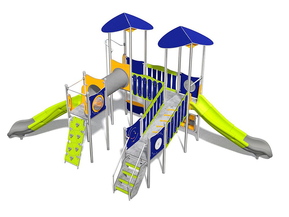 Schwinger für Kleinkinder mit Metallgestell und grünen Verbindungen auf weißem Hintergrund.