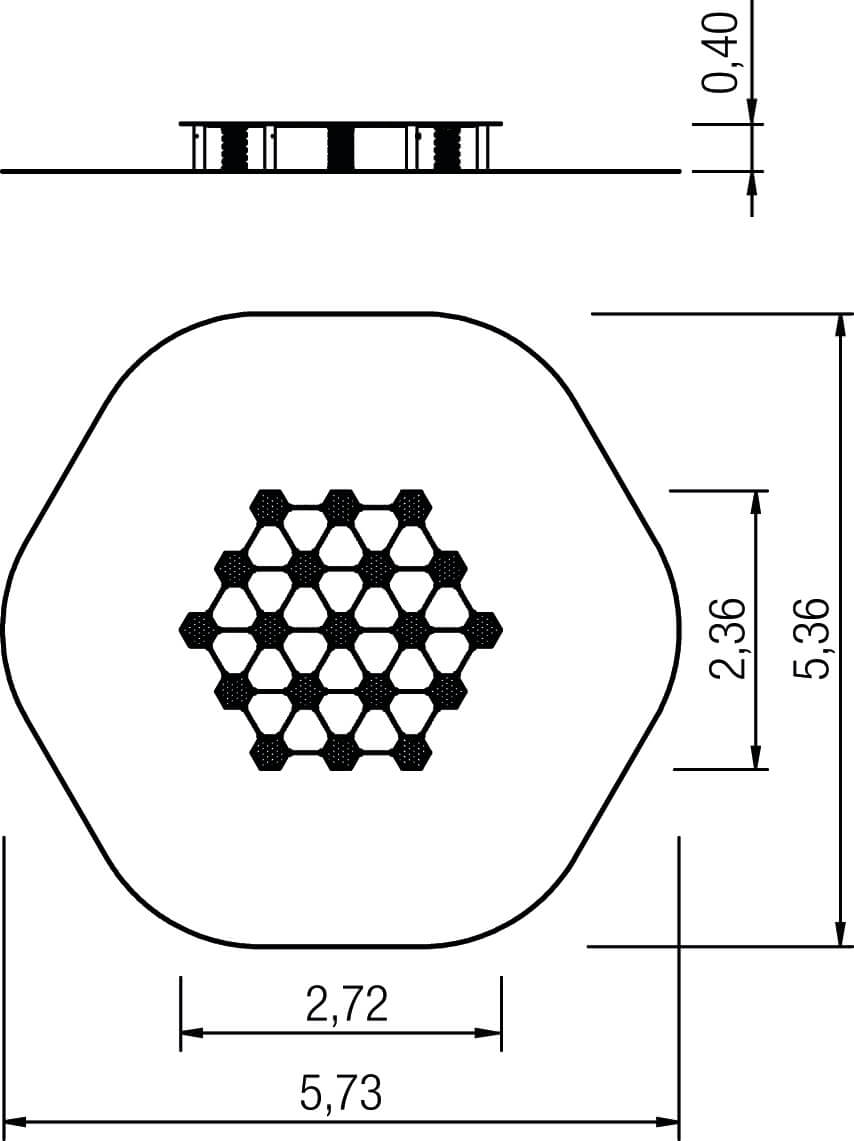 Technisches Zeichnung eines sechseckigen Filters mit hexagonalem Muster und Maßen.