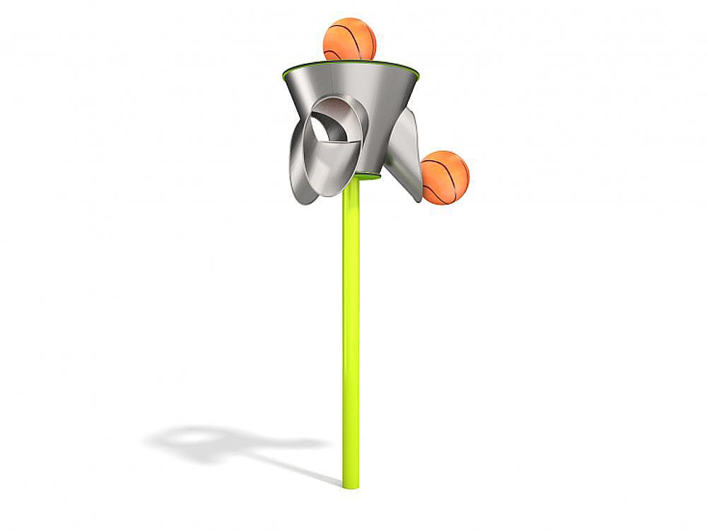 Balls roll down a shiny metal funnel mounted on a bright green pole against white background.
