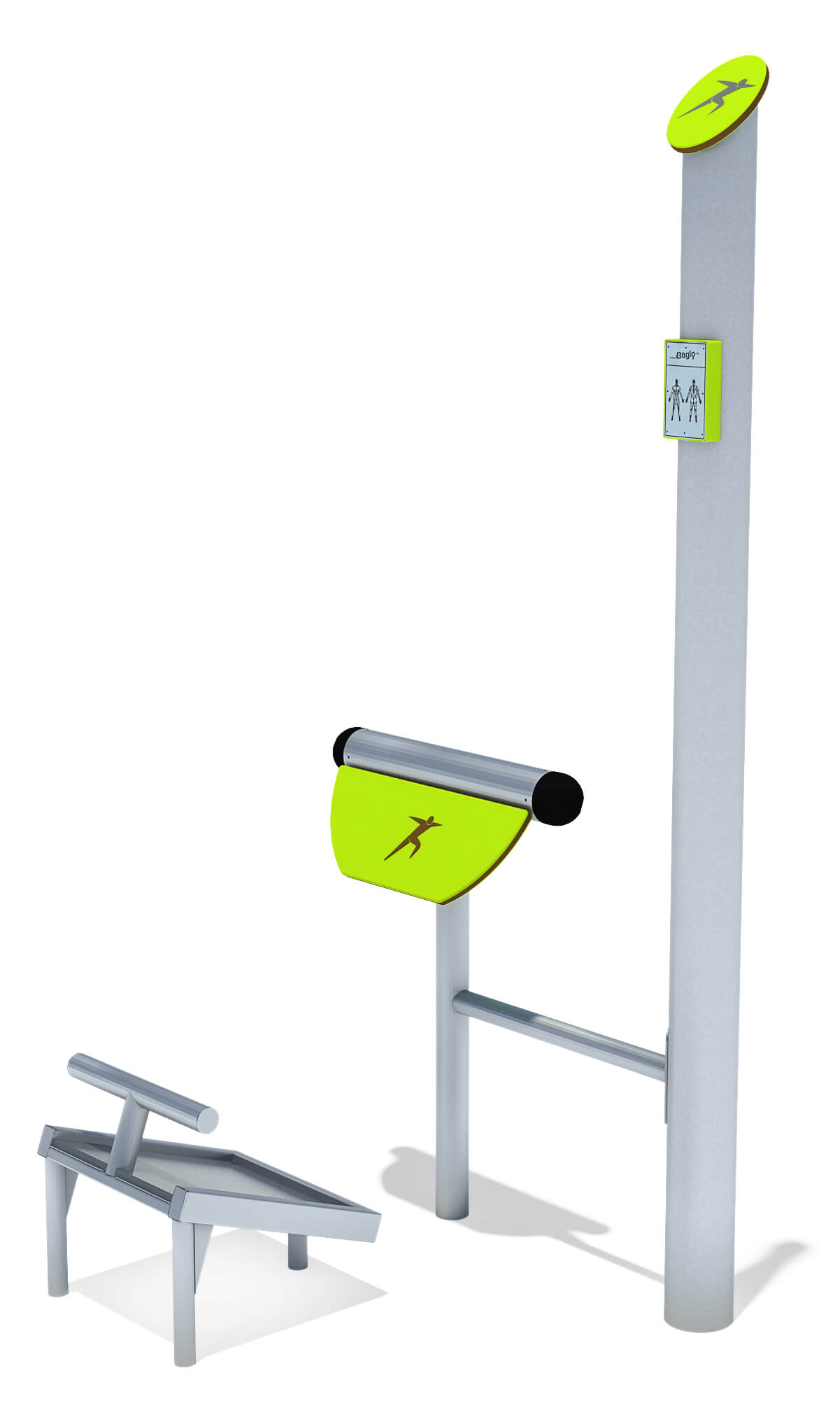 Outdoor fitness station with green accents and exercise equipment against white background.