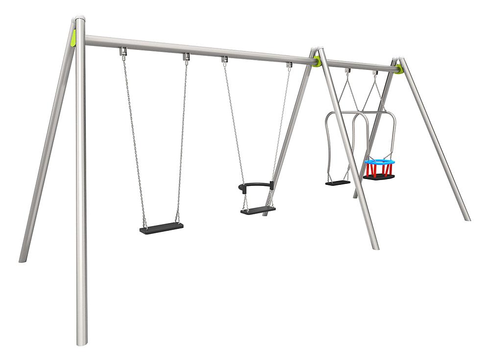 Schaukeln mit zwei Sitzschwingen und einem Rutschsack auf Metallgestell – ideal für Kinderfreizeit.

---

**Alt Text (German):**

Metall-Schaukelanlage mit zwei Sitz- und einer Kletter-Rutsche für draußen.

*(98 Zeichen)*