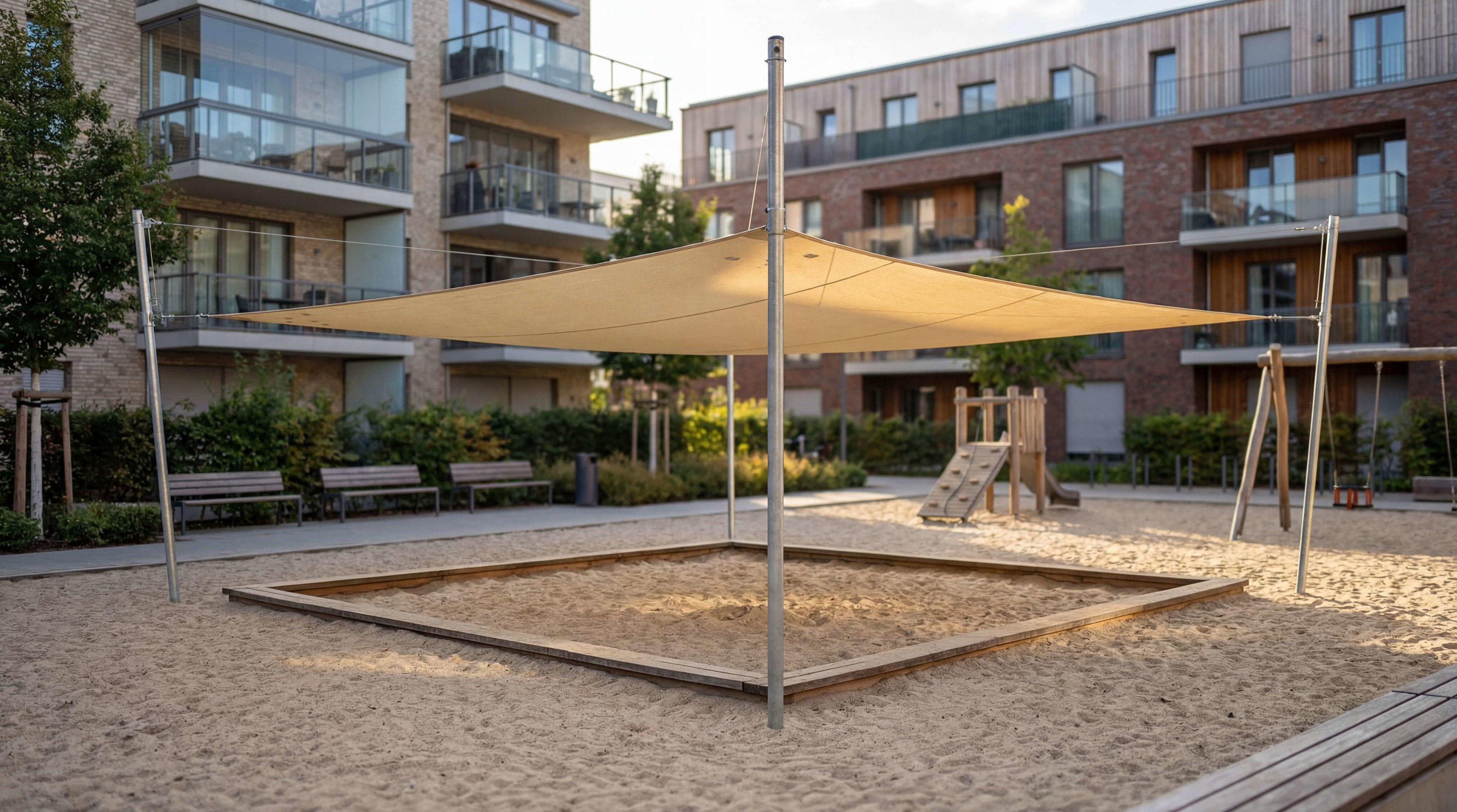 Spielplatz mit Sandkasten und Schattenmarkise vor modernem Wohnhauskomplex im Sonnenlicht.