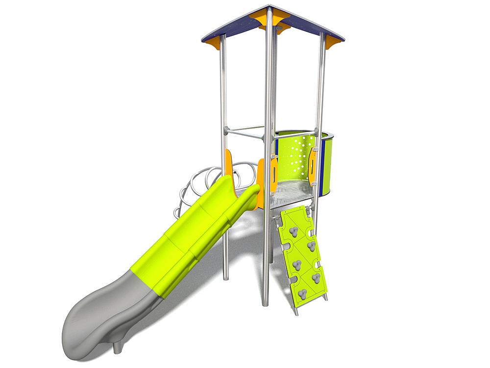 Schwinger für Kleinkinder mit Metallgestell und grünen Verbindungen auf weißem Hintergrund.