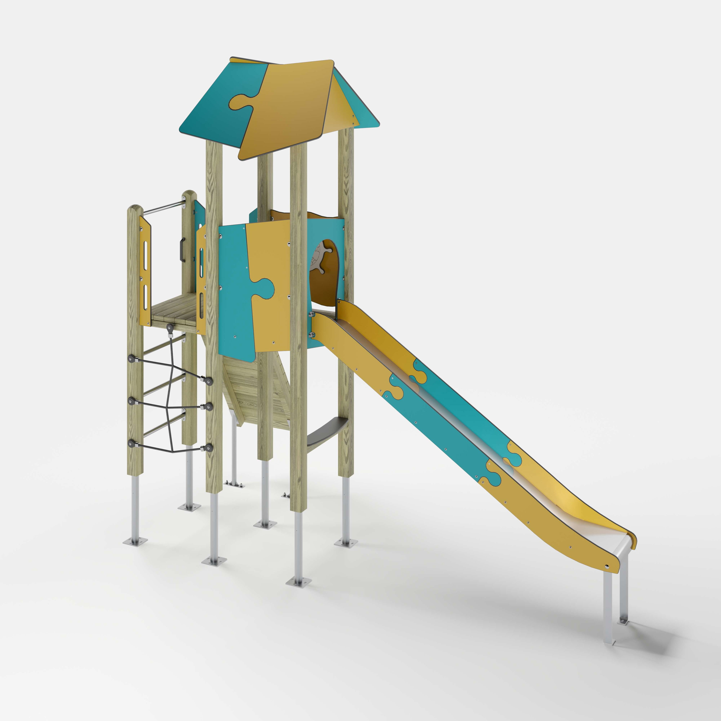 Bunte Kinderspielburg mit Dach und Rutsche auf weißem Hintergrund.