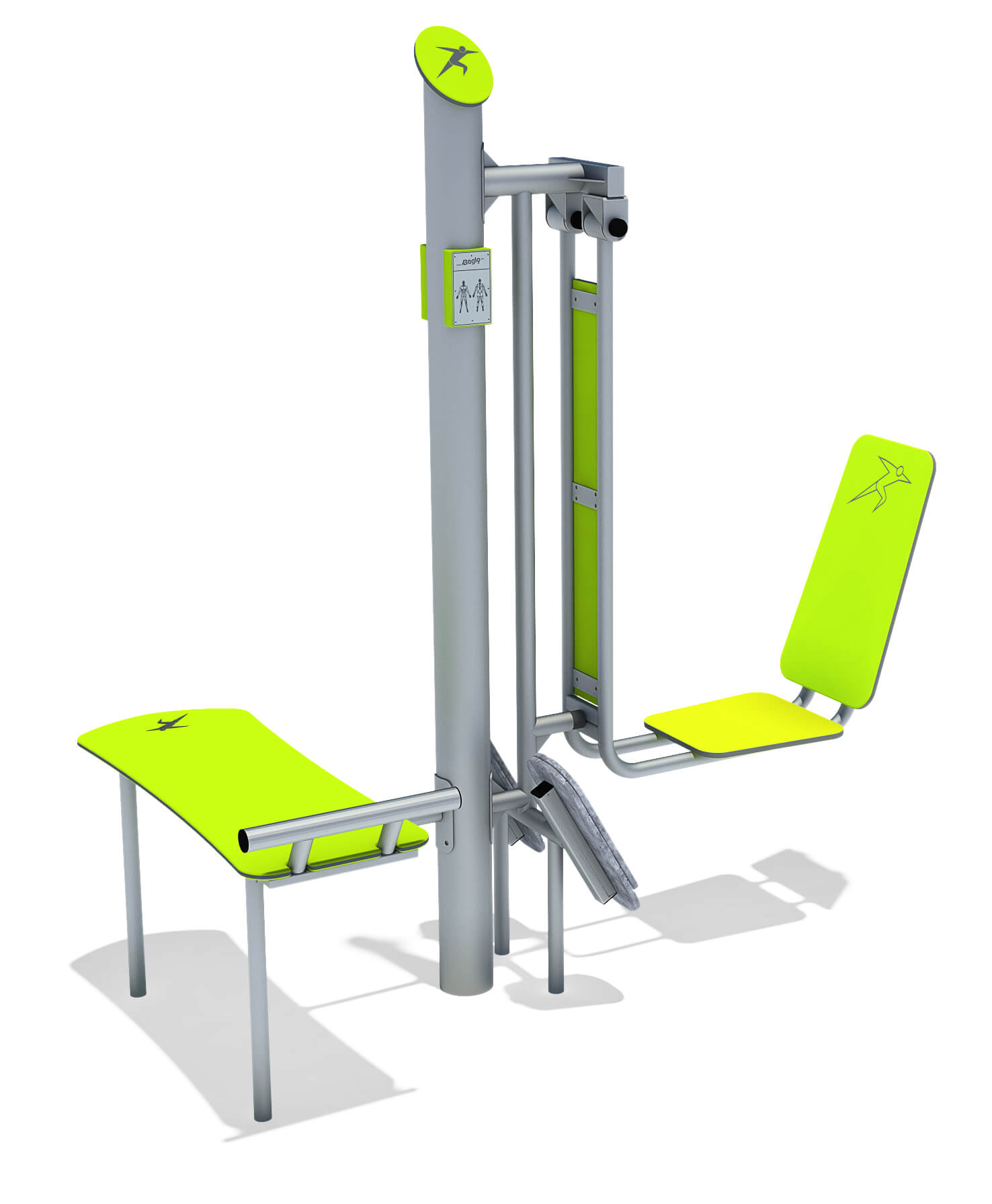 Gelb-grünes Fitnessgerät für Outdoor-Training mit Sitzbank und Rückenlehne.
