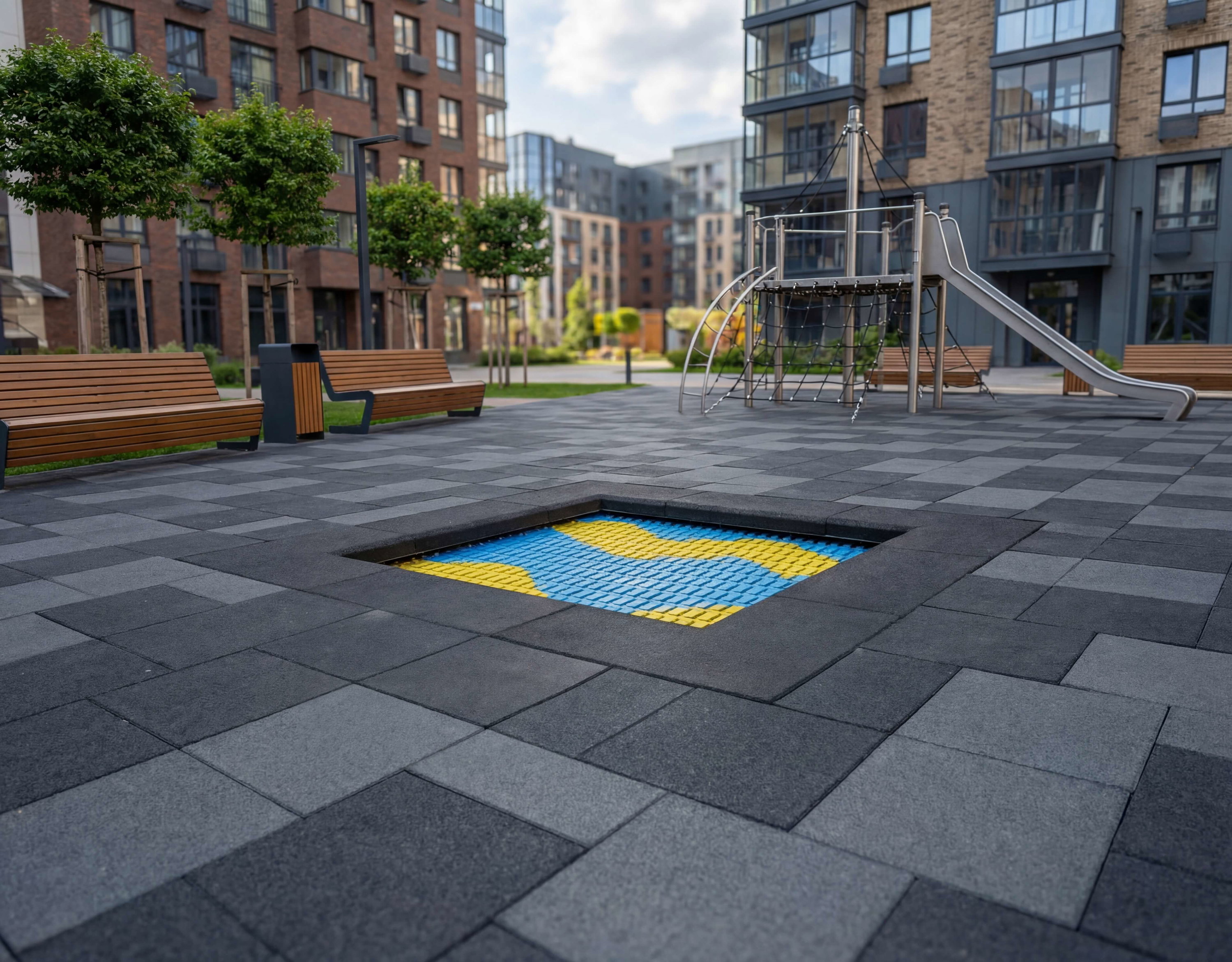 Spielplatz mit Flagge im Vordergrund und modernen Wohnhäusern im Hintergrund.

Flaggenmotiv auf Spielplatzfliese vor Hochhauswohnungsbereich.
