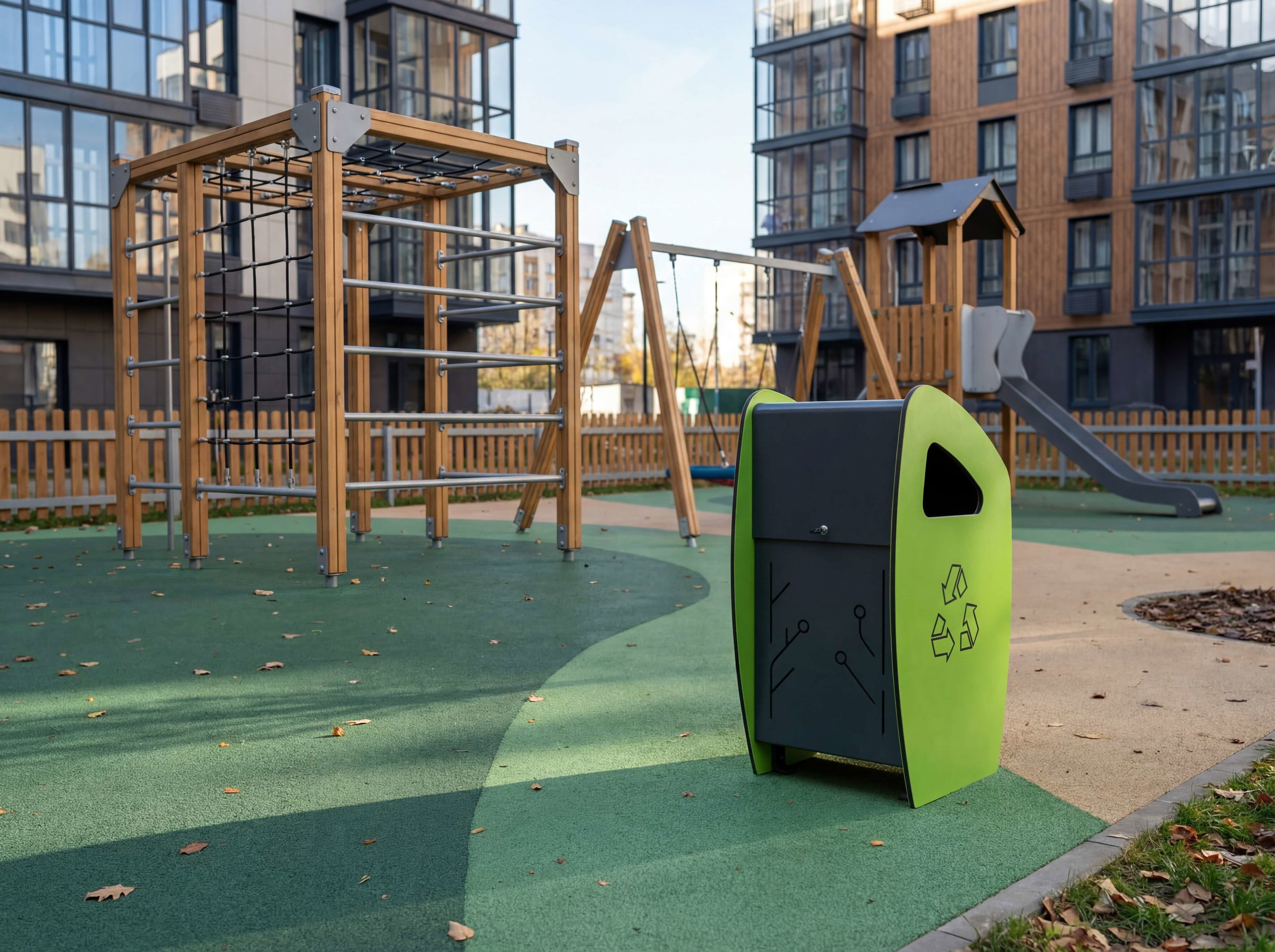 Modern playground with climbing frame, swings und slide – green recycling bin nearby.
