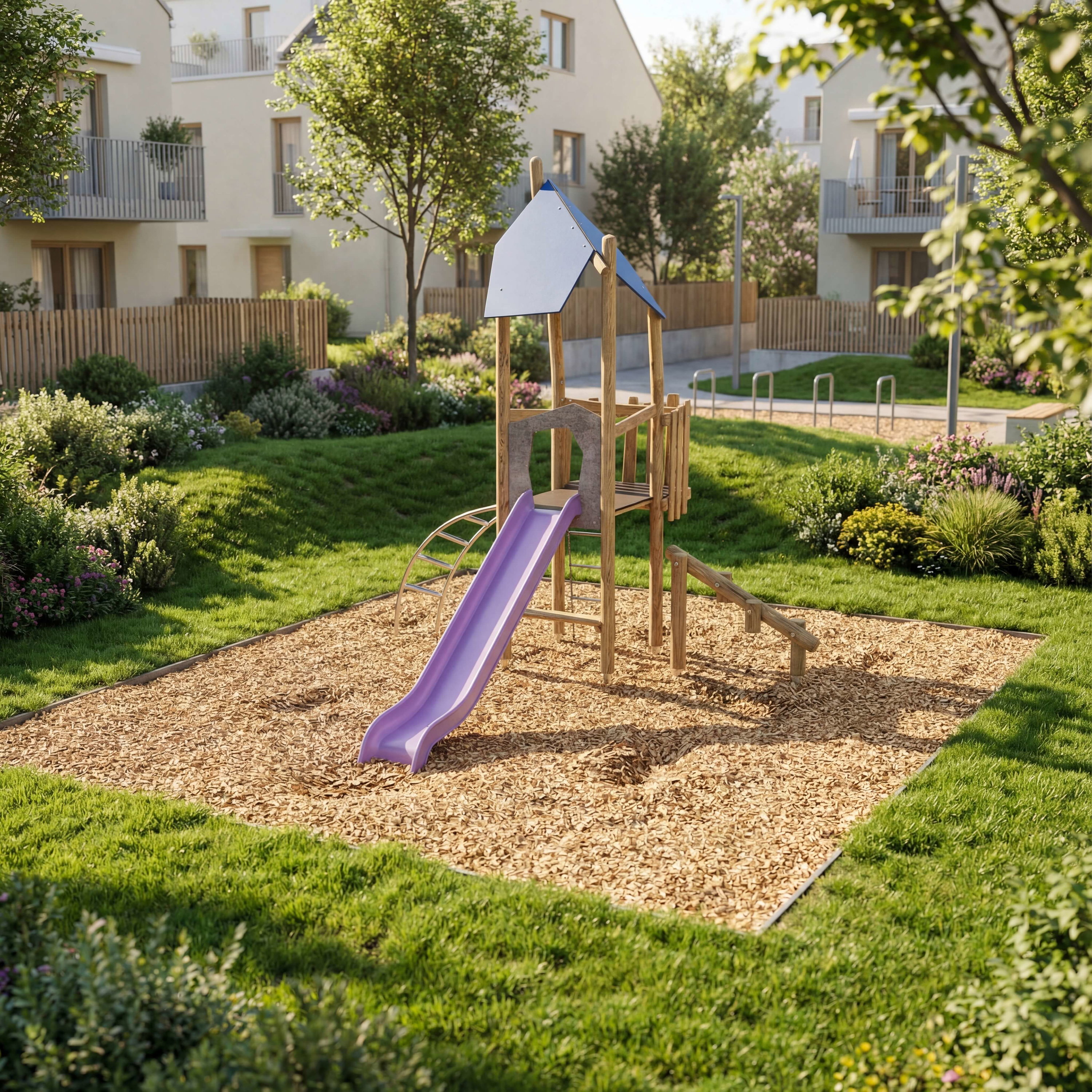 Kinderspielplatz mit lila Rutsche im grünen Garten vor Wohnhäusern.