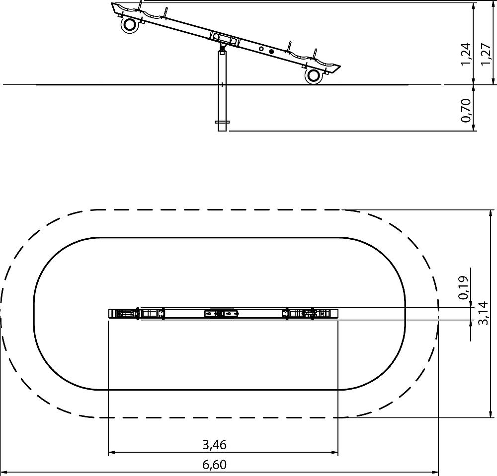 Technische Zeichnung eines Schienenbahn-Modells mit Kurve und Steigung.