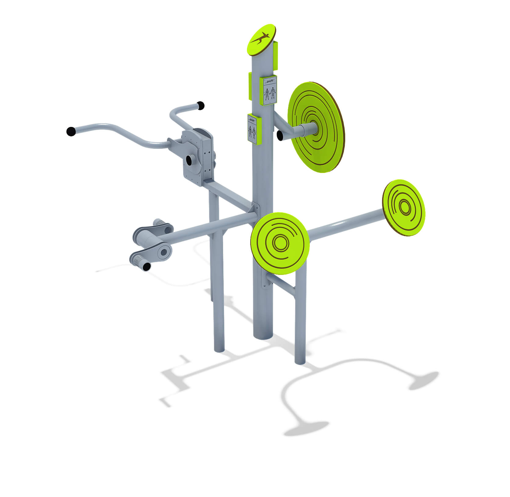 Gymnastikgerät für Outdoor-Training mit grünen Scheiben und Griffen auf weißem Hintergrund.