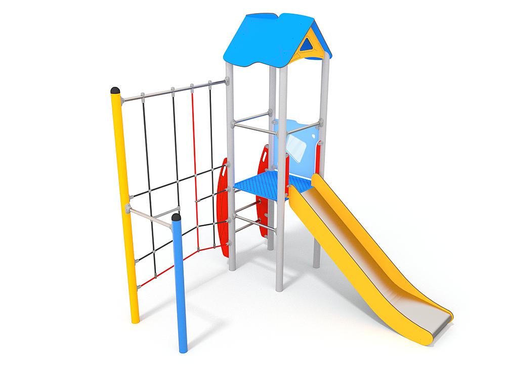 Schwinger für Kleinkinder mit Metallgestell und grünen Verbindungen auf weißem Hintergrund.