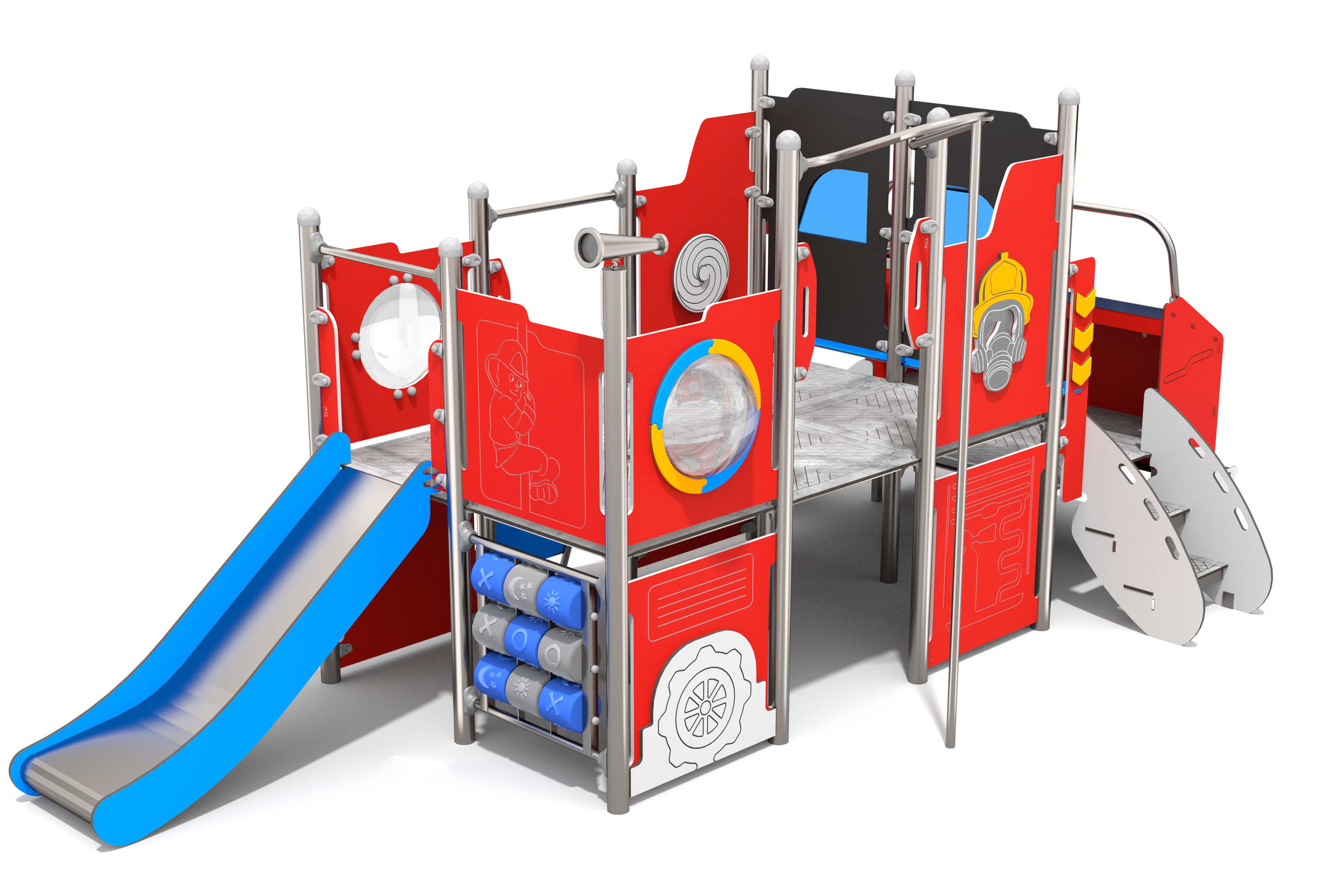 Feuerwehr-Thema-Spielplatz mit Rutschbahn und Kletterelementen für Kinder.