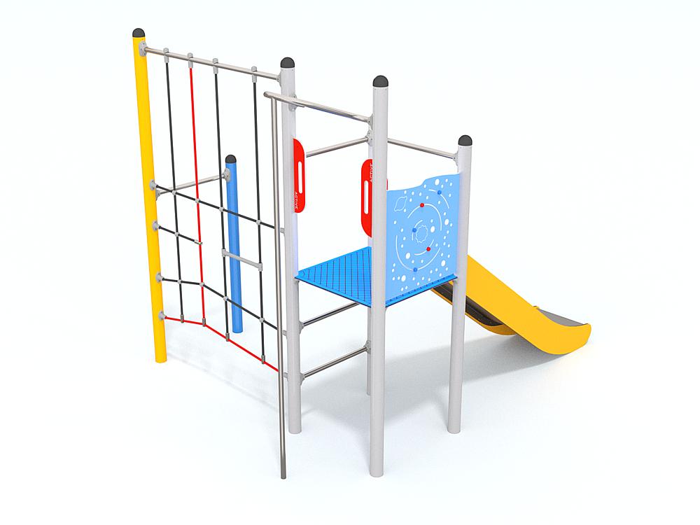 Bunte Kinderspielanlage mit Klettergerüst und Rutschbahn auf weißem Hintergrund.