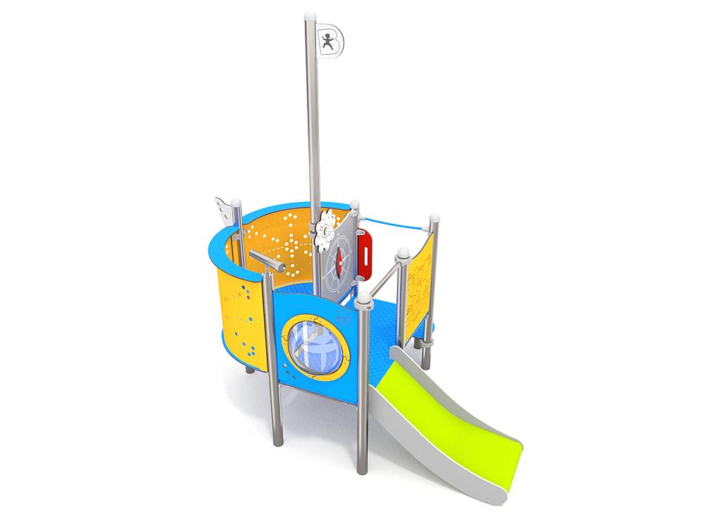 Schwinger für Kleinkinder mit Metallgestell und grünen Verbindungen auf weißem Hintergrund.