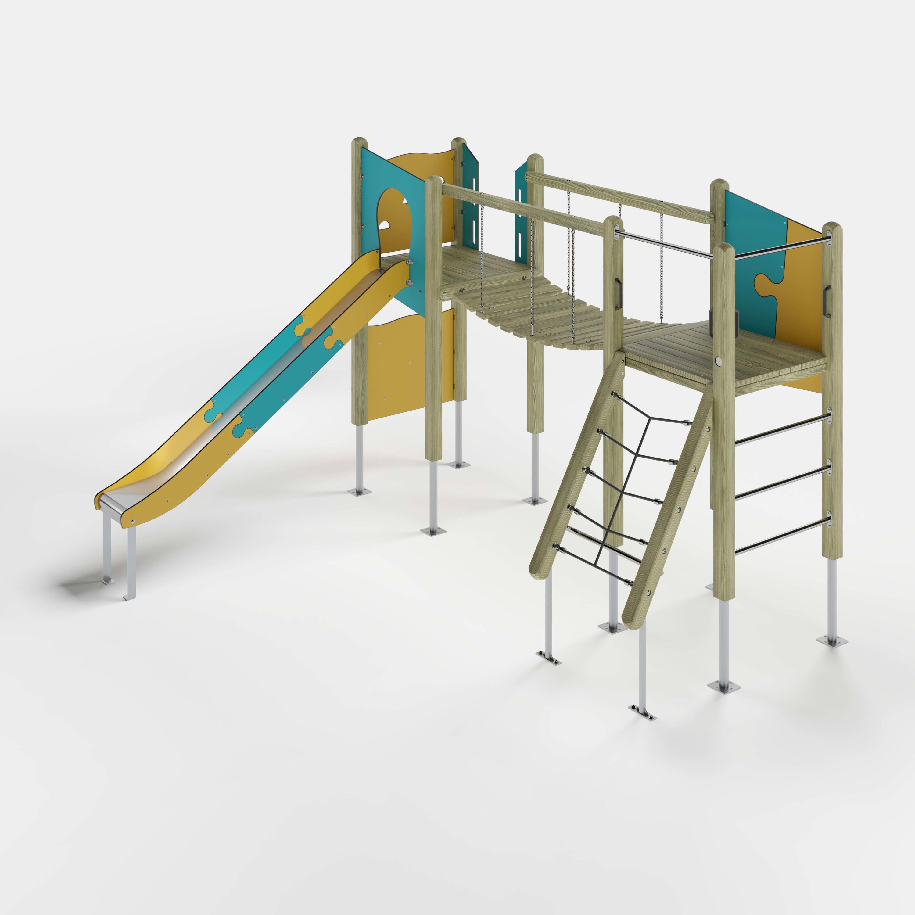 Bunte Puzzle-Hütte für Kinder auf Metallbeinen – Spielhaus mit gelb-blauen Teilen und Dach.