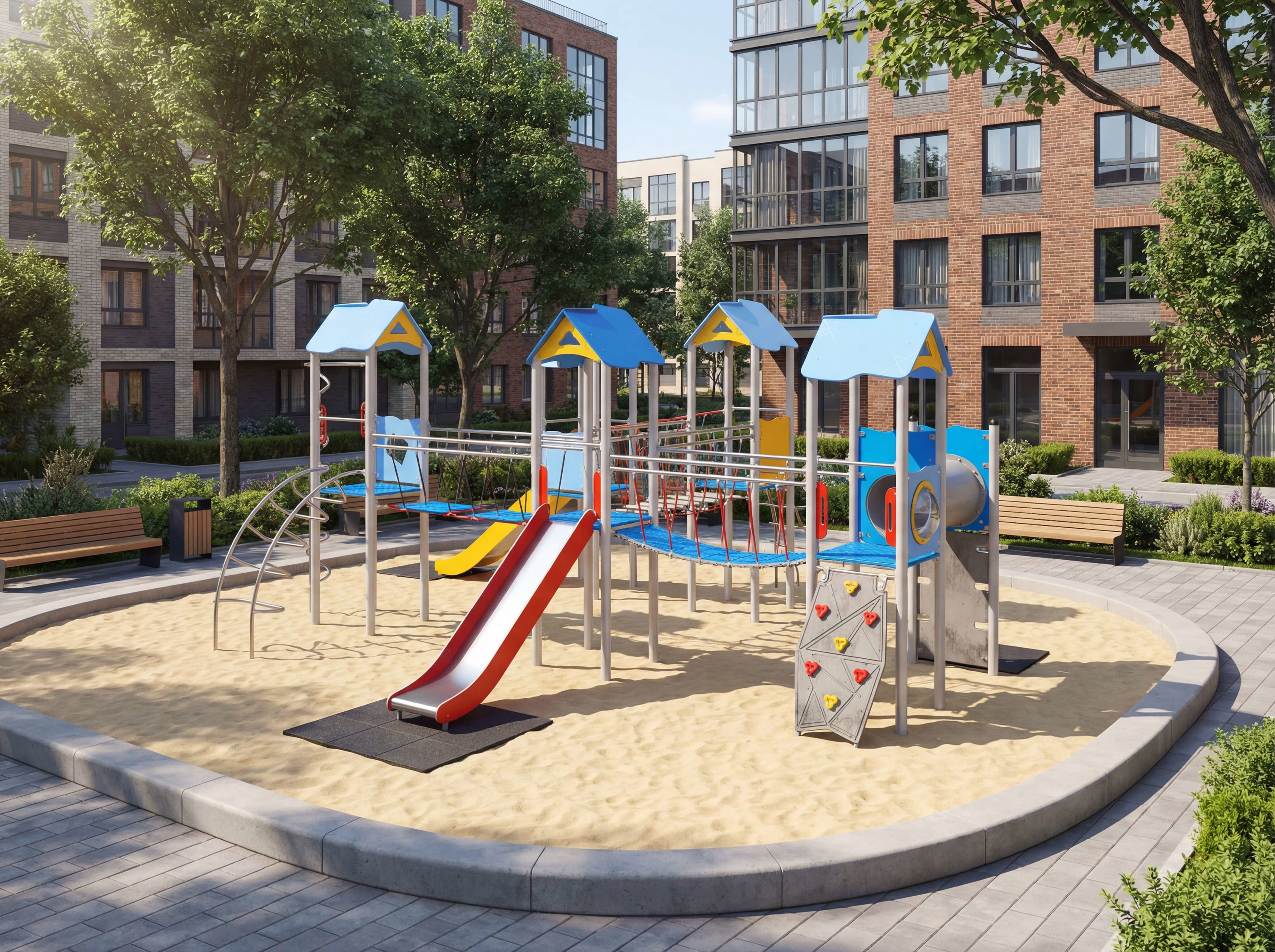 Farbiger Spielplatz mit Rutsche und Klettergerüst im Sandkasten vor Wohnhäusern.
