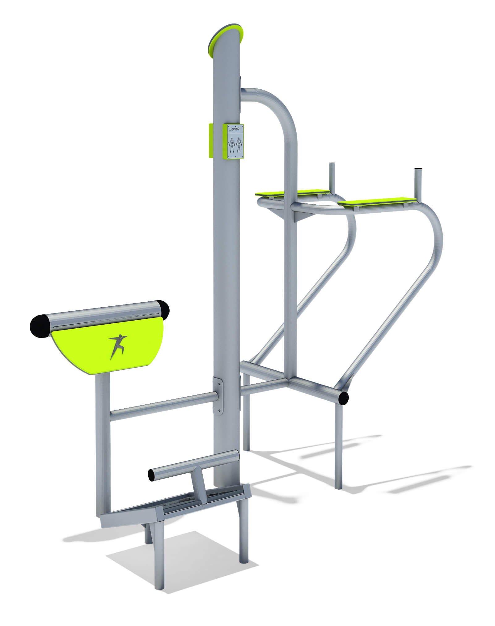 Outdoor fitness station with lime green accents for strength training exercises.