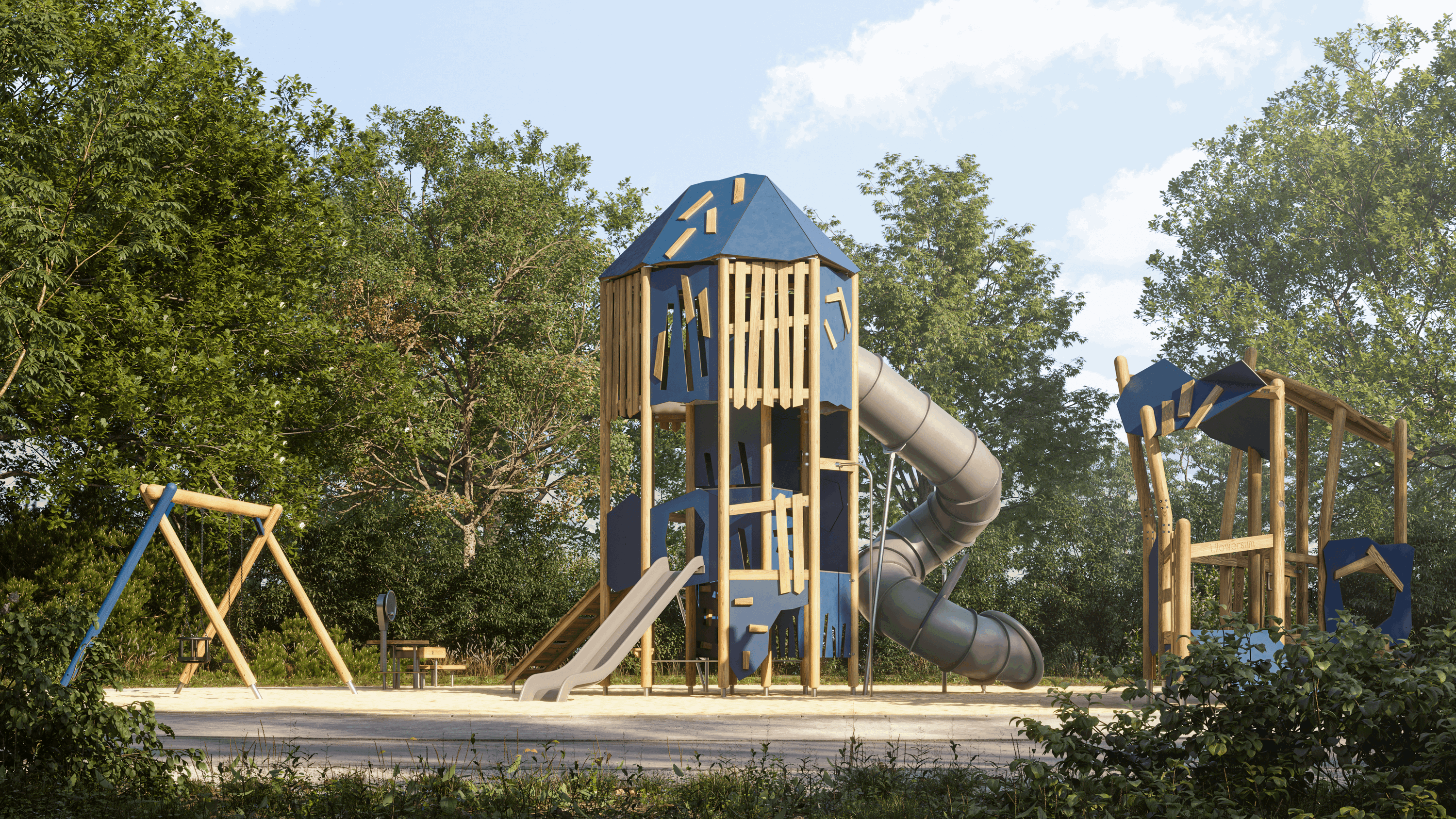Blauer Spielplatz mit Rutsche und Schaukel im grünen Park unter blauem Himmel.