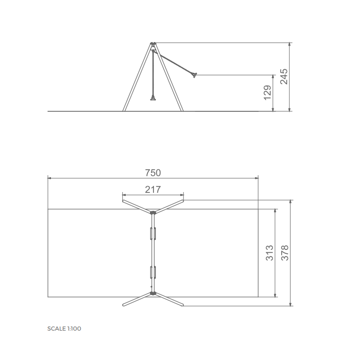 Technische Zeichnung eines modernen Tischleuchten-Designs mit Maßen im Skalierungsfaktor 1:100.