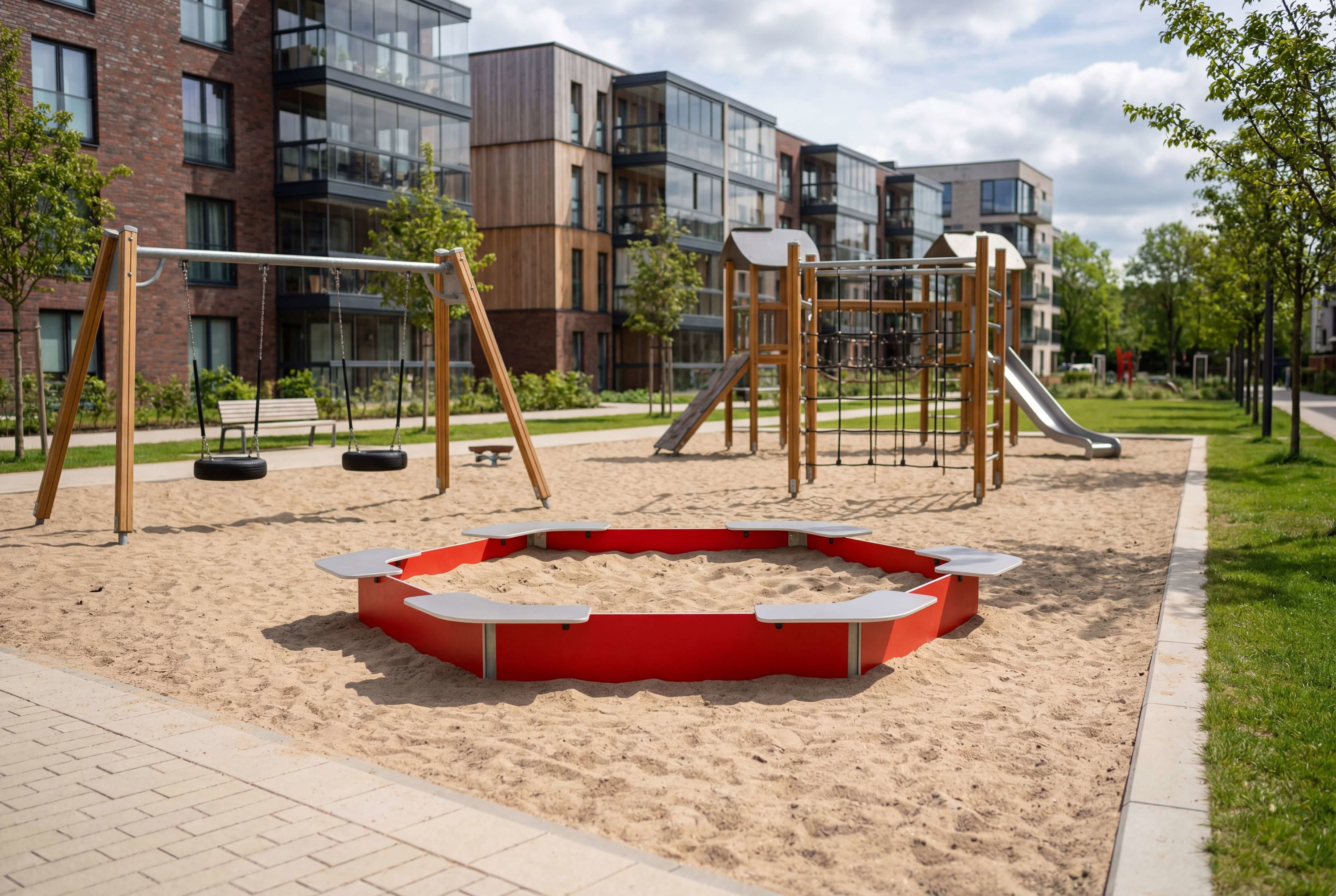 Spielplatz mit Sandkasten und Schaukel vor modernen Wohnhäusern im Grünen.