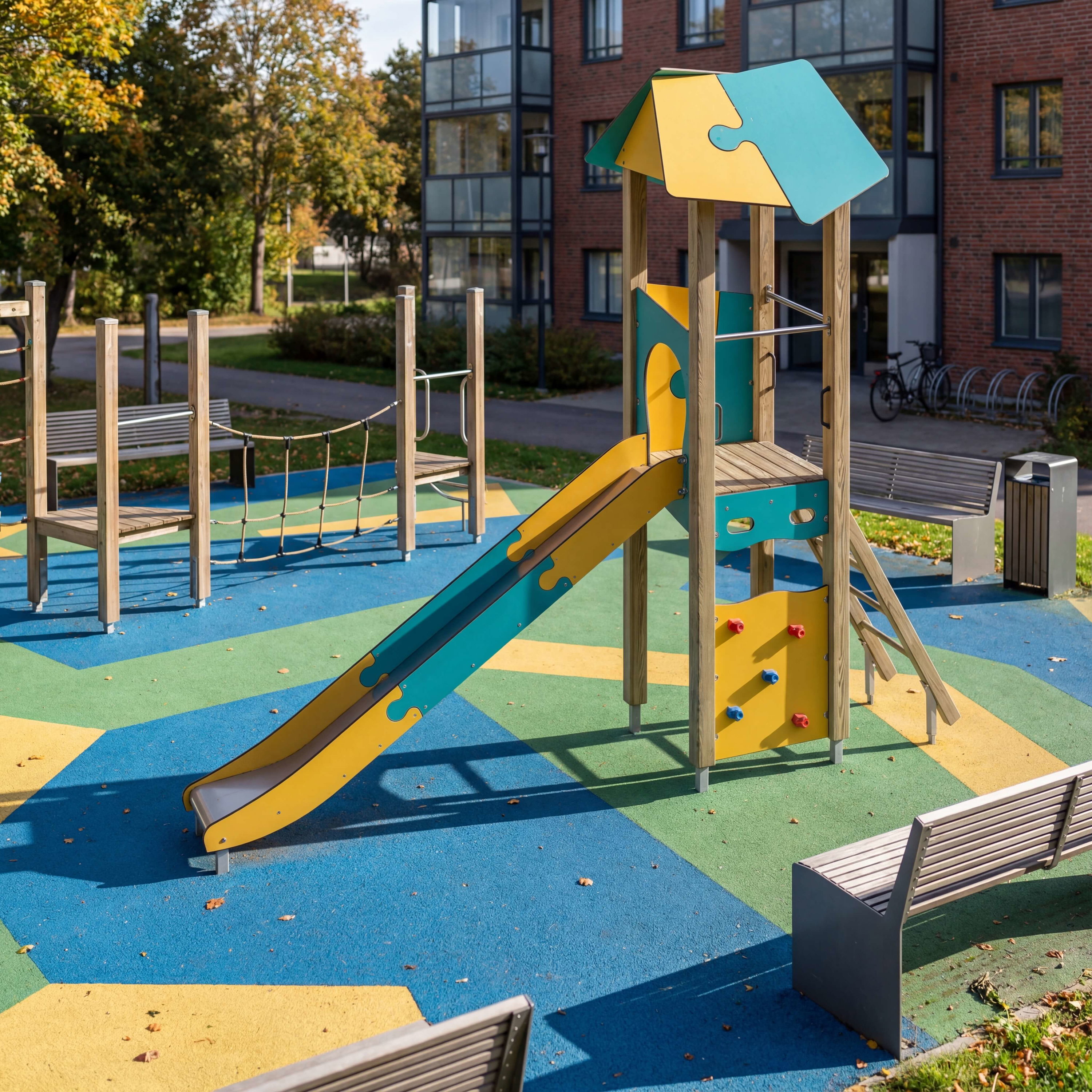 Bunte Spielanlage mit Rutsche und Kletterwand im sonnigen Park vor Wohngebäuden.