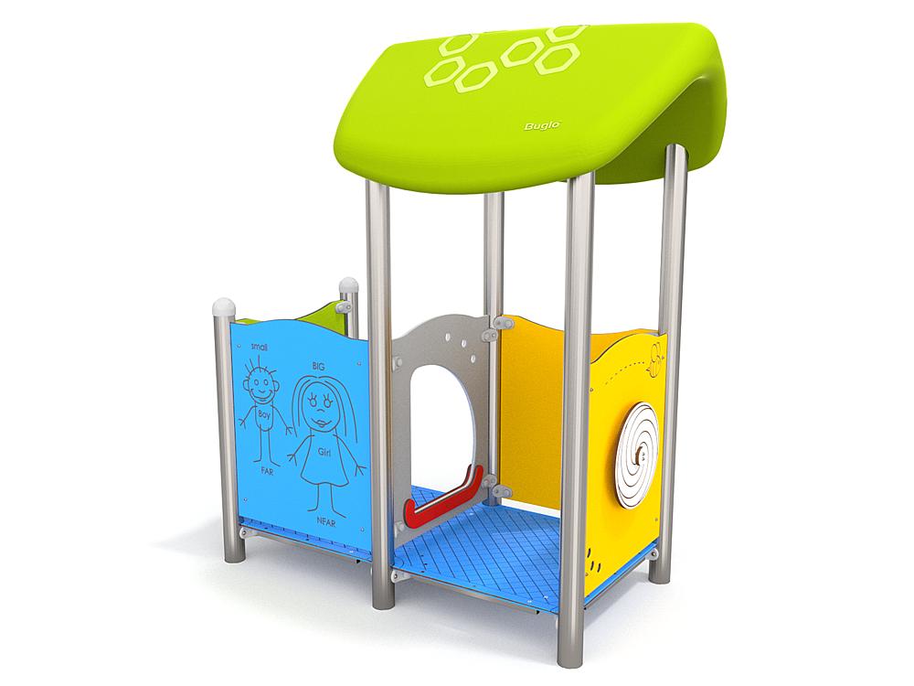 Schwinger für Kleinkinder mit Metallgestell und grünen Verbindungen auf weißem Hintergrund.