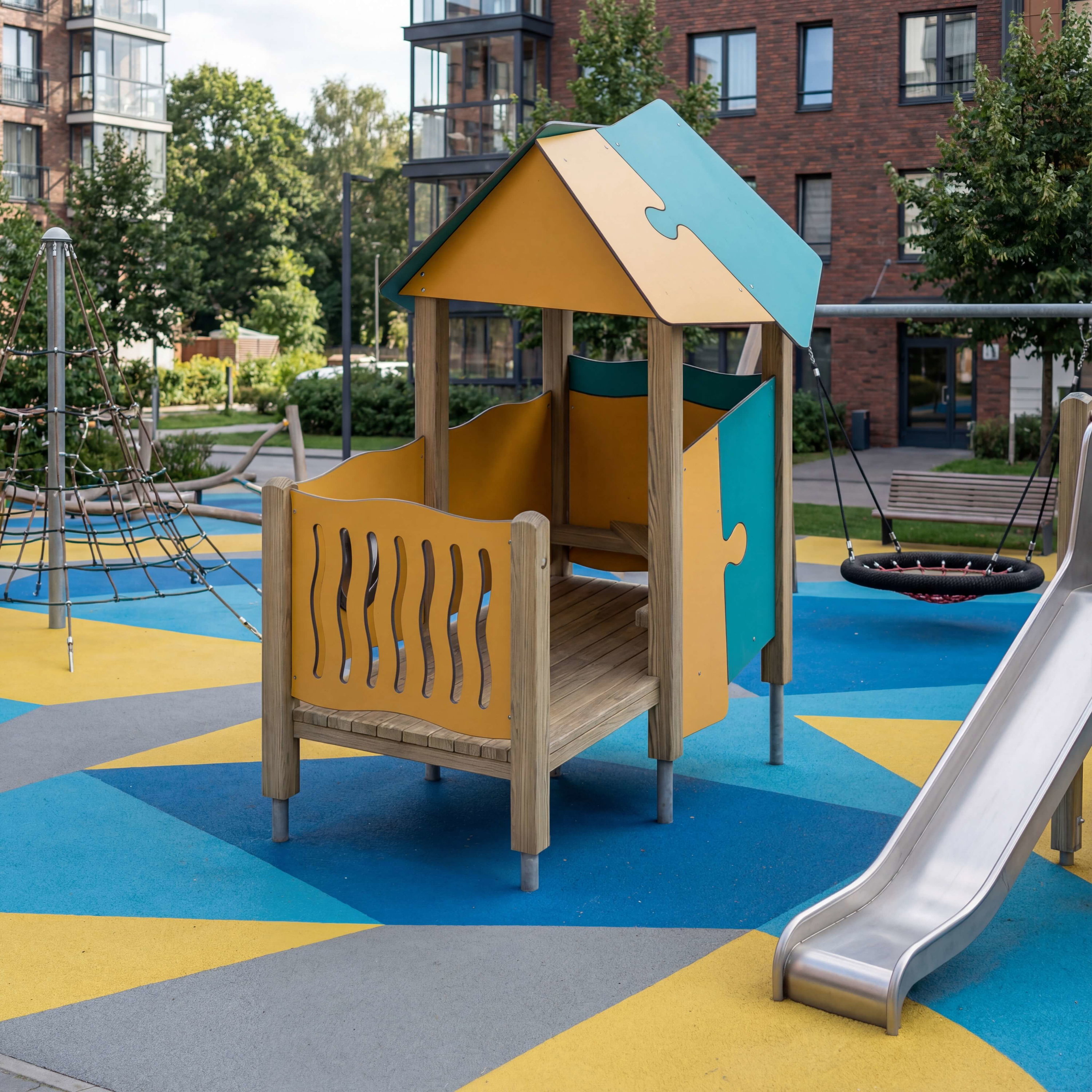Farbiger Spielplatz mit Holzhütte und Rutsche vor Wohngebäuden – Kinderfreundlich gestaltet.