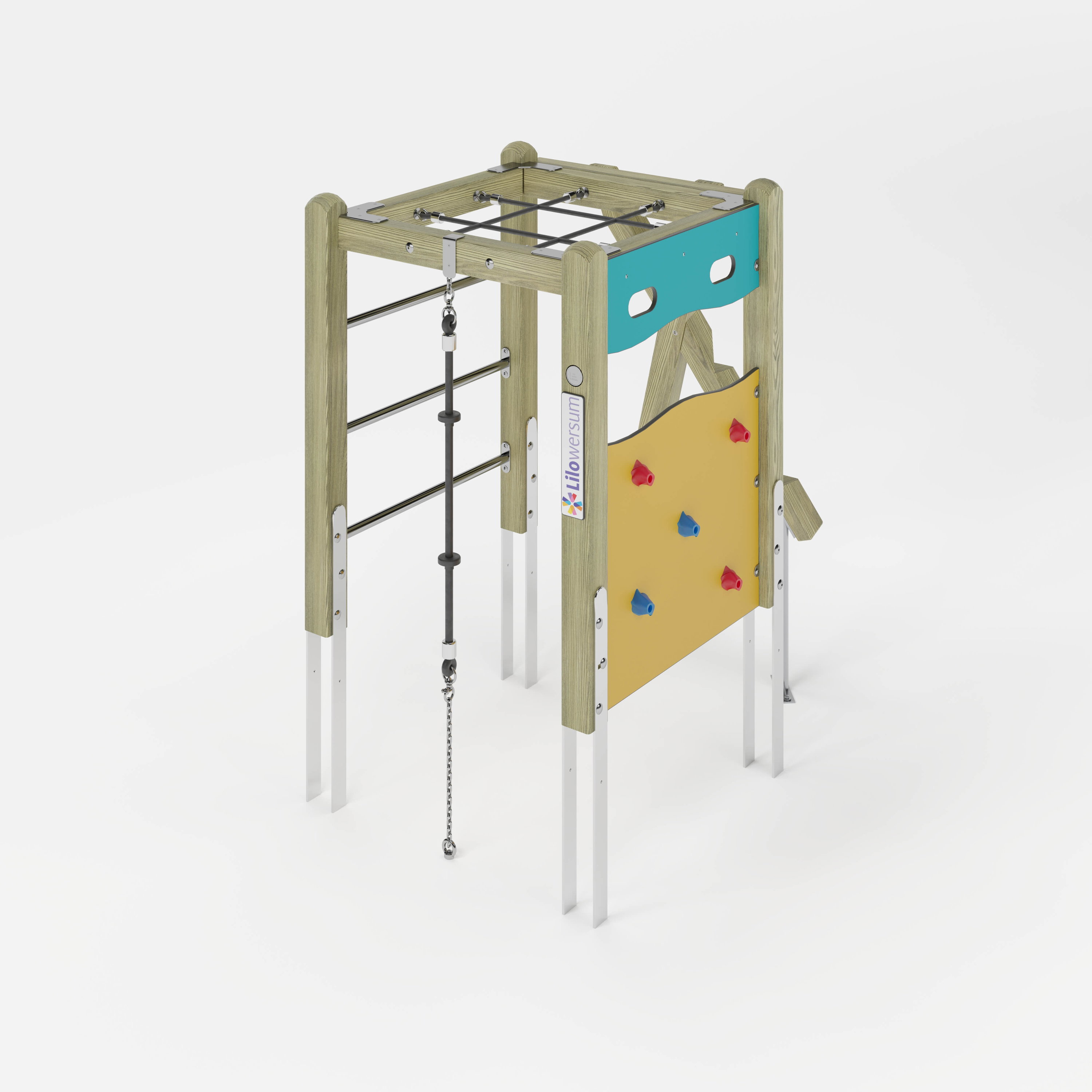 Bunte Puzzle-Hütte für Kinder auf Metallbeinen – Spielhaus mit gelb-blauen Teilen und Dach.