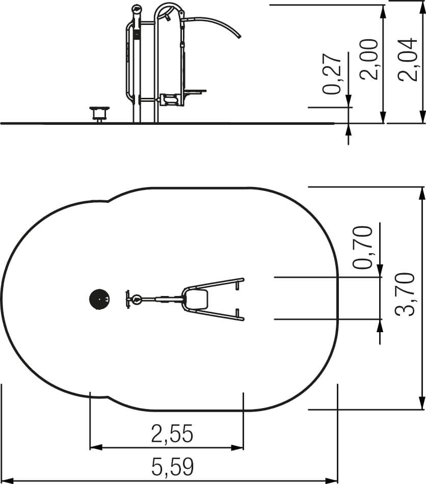 Technische Zeichnung eines Waschbeckens mit Armatur und Maßangaben.
